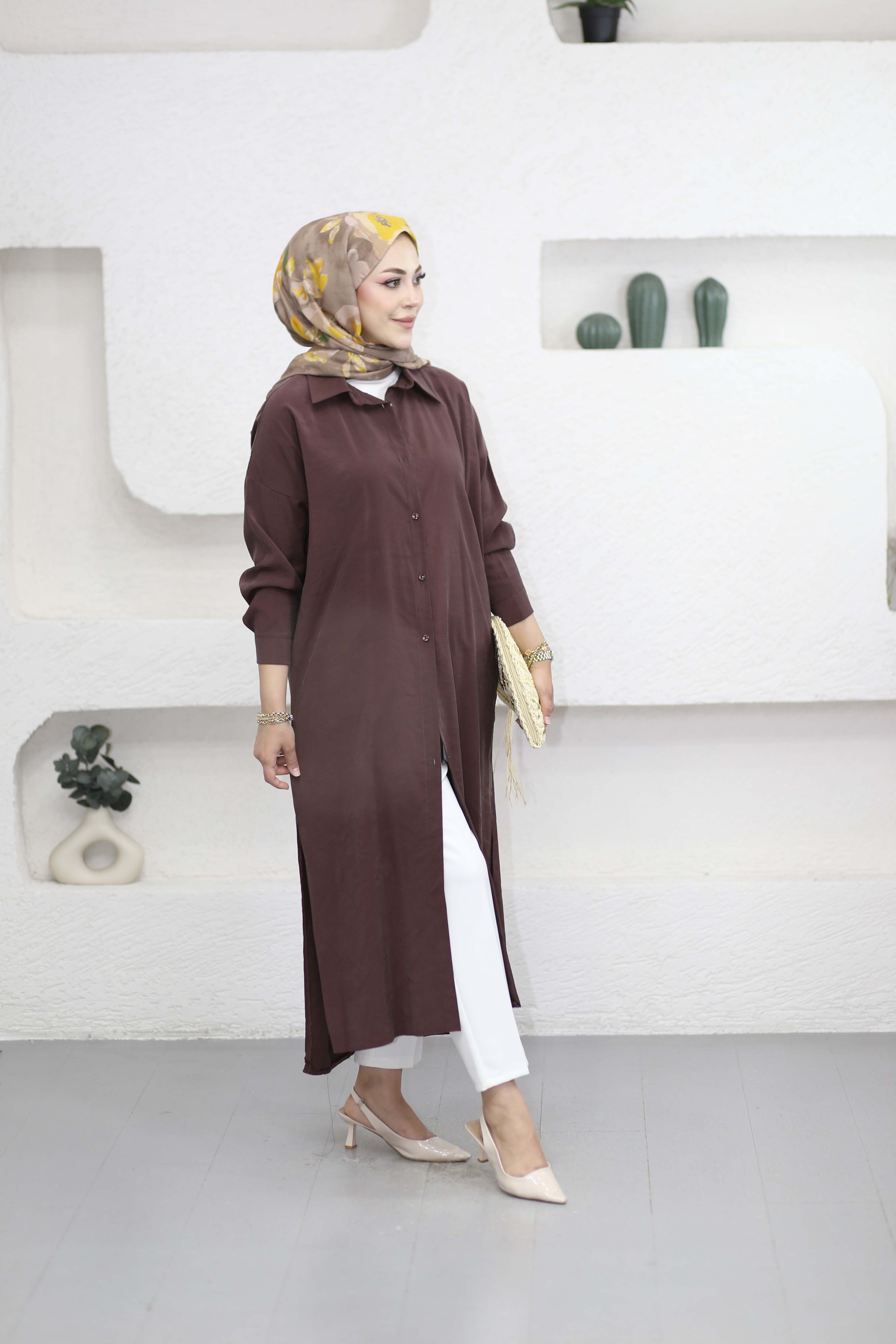 Yırtmaçlı Tam Boy Tunik Kahverengi 2760