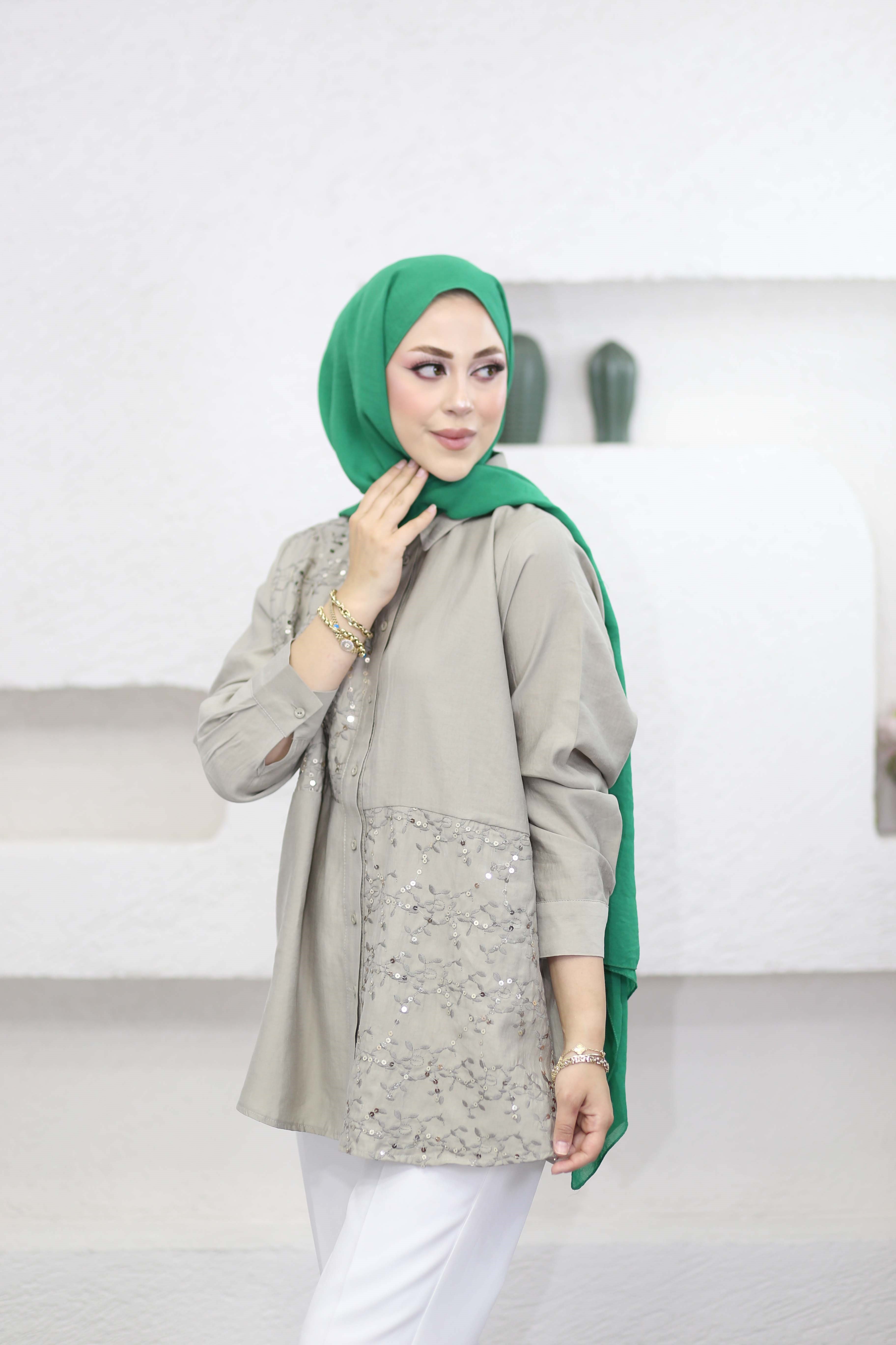 Pul İşleme Detaylı Gömlek Vizon 3442