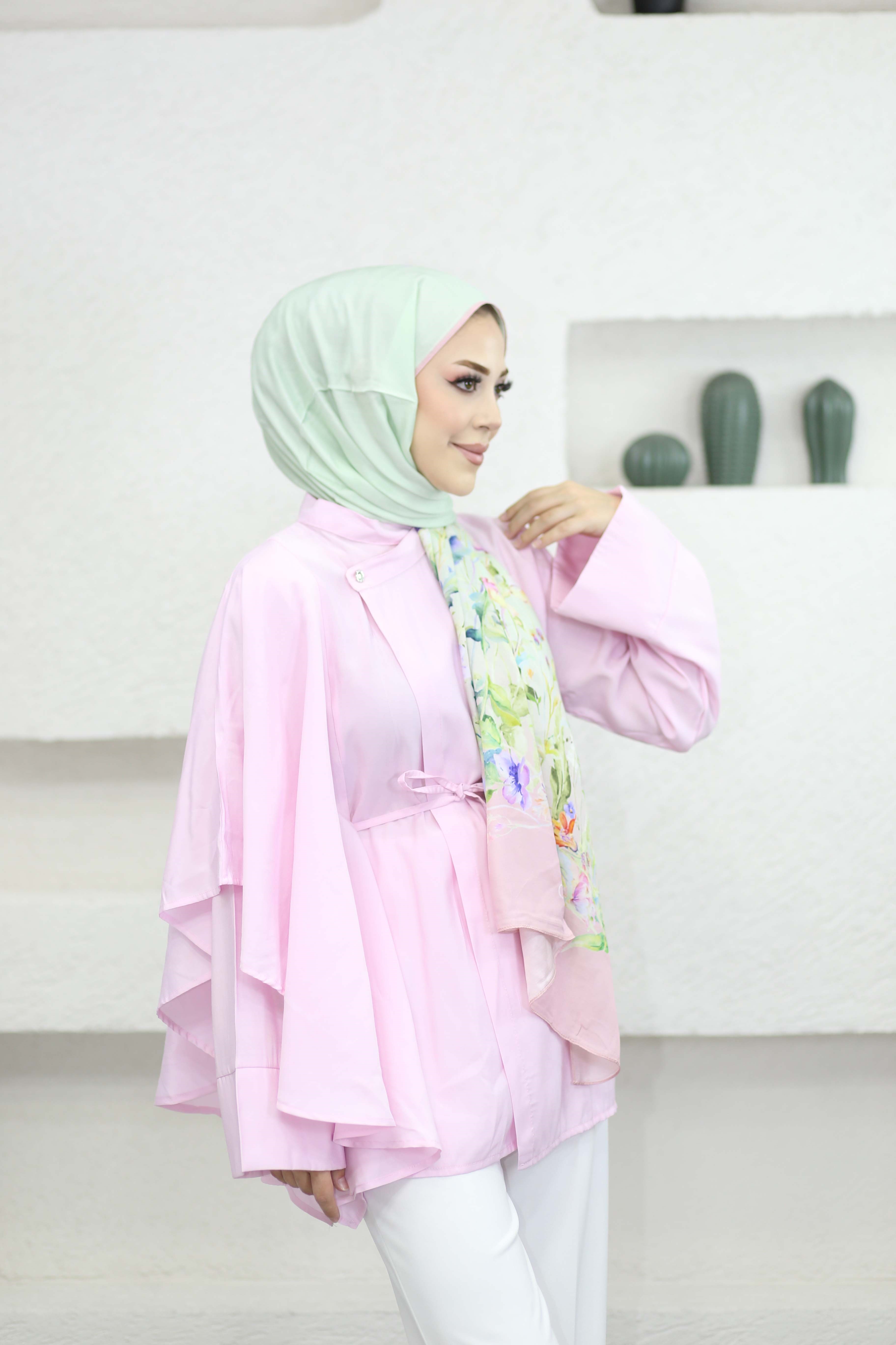 Kruvaze Kapama Volanlı Gömlek Pembe 3458