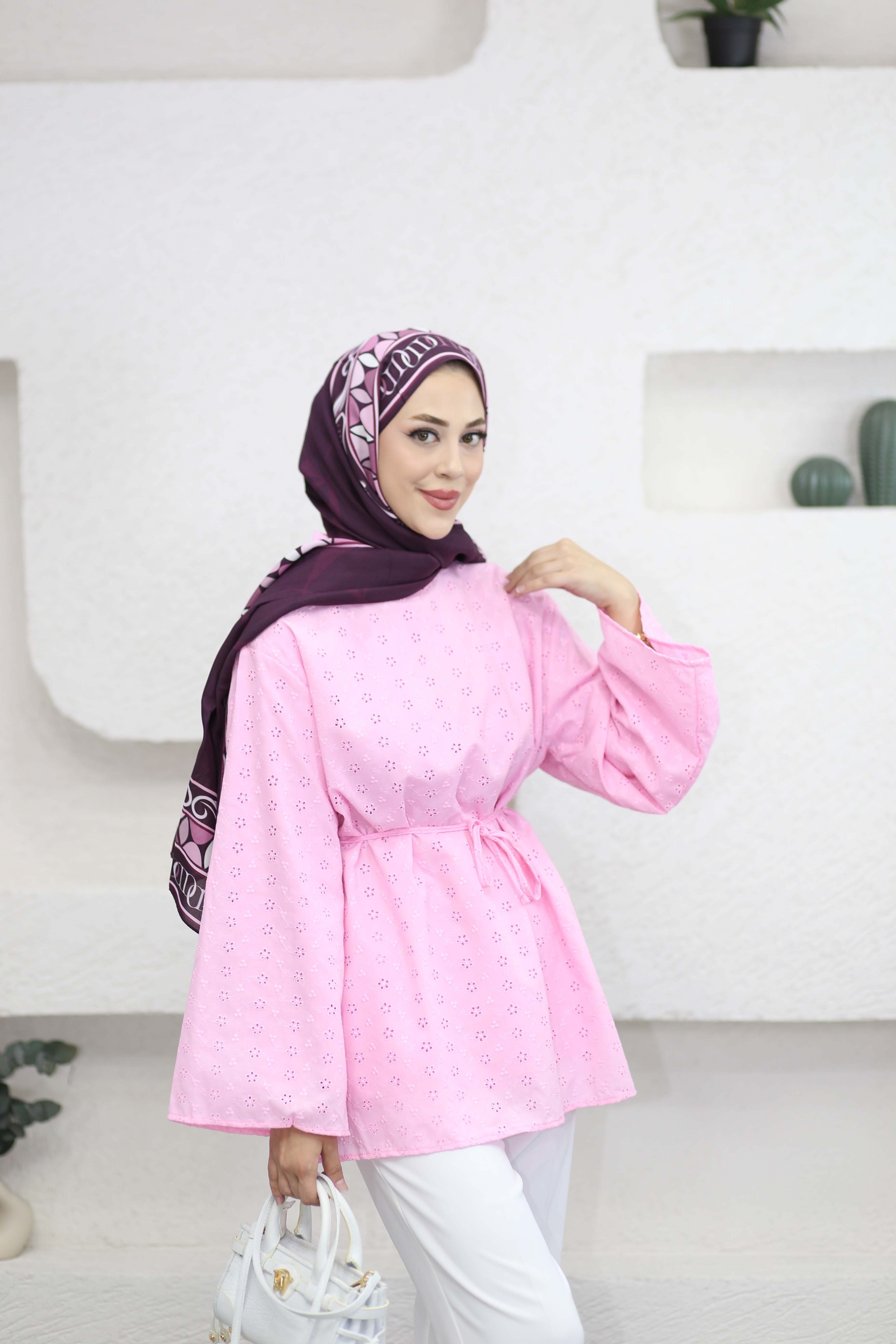 Mini Çiçek İşlemeli Gömlek Pembe 26278