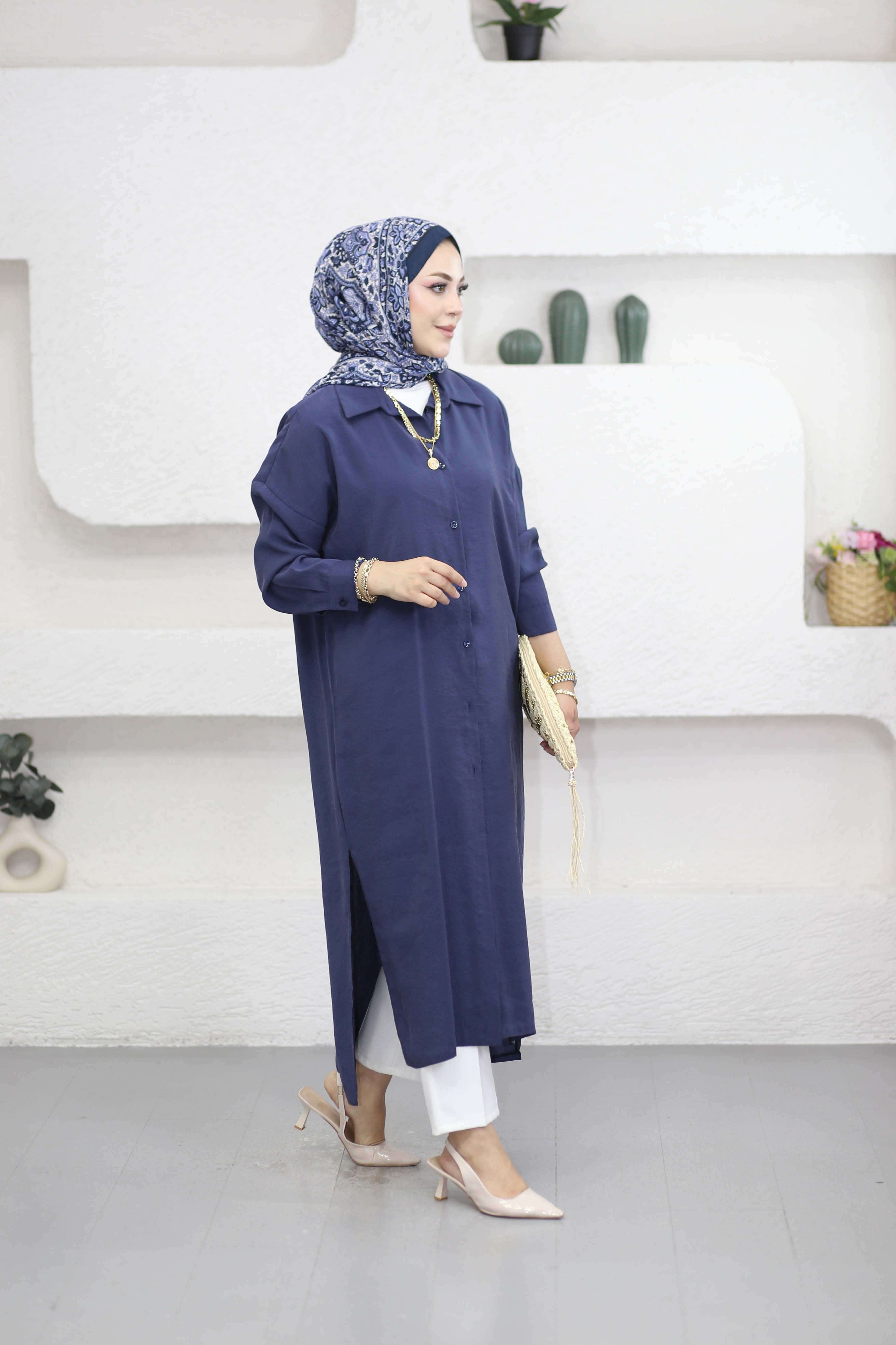 Yırtmaçlı Tam Boy Tunik Lacivert 2760