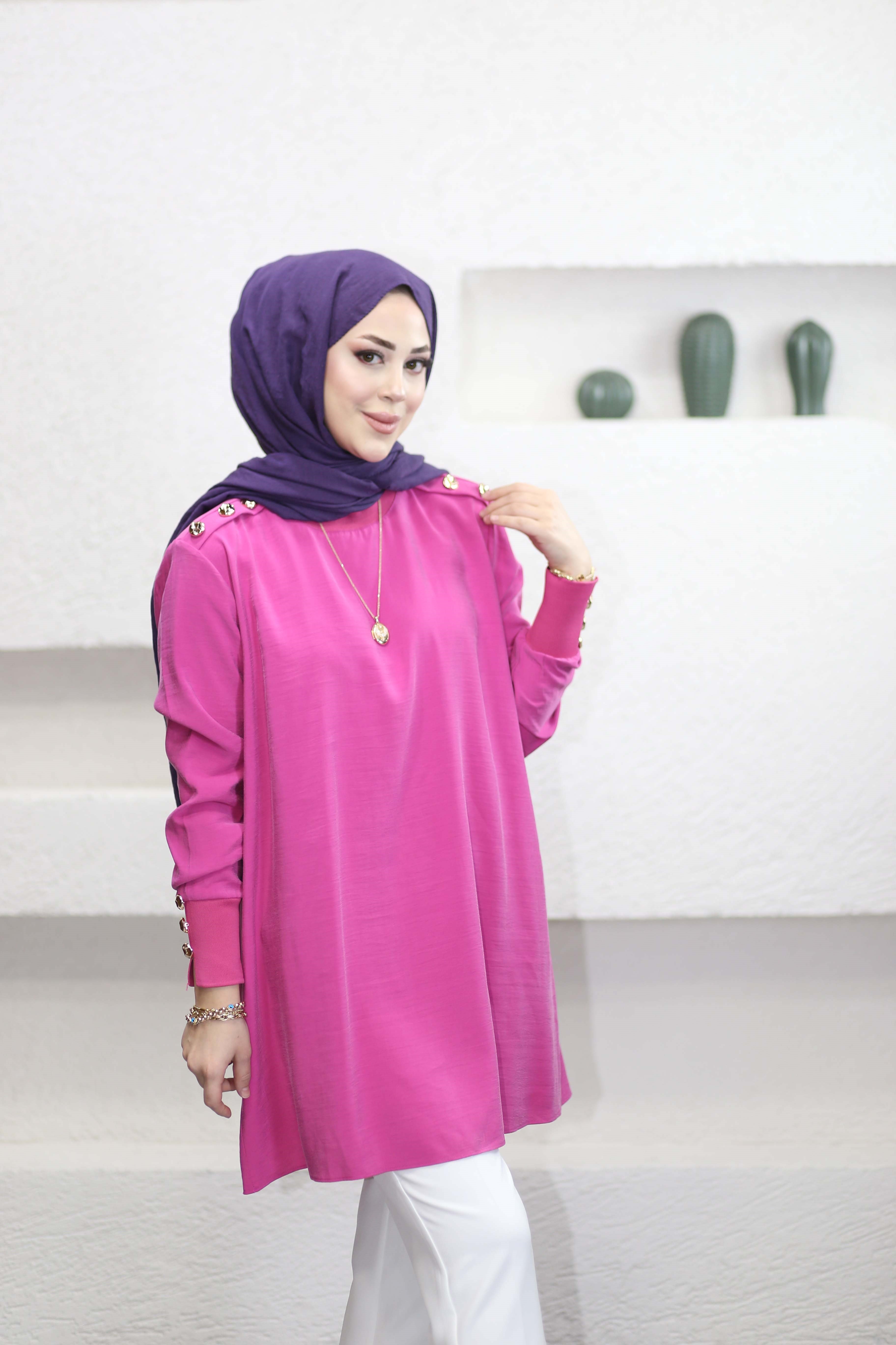 Omuz Aller Detaylı Tunik Pembe 4653