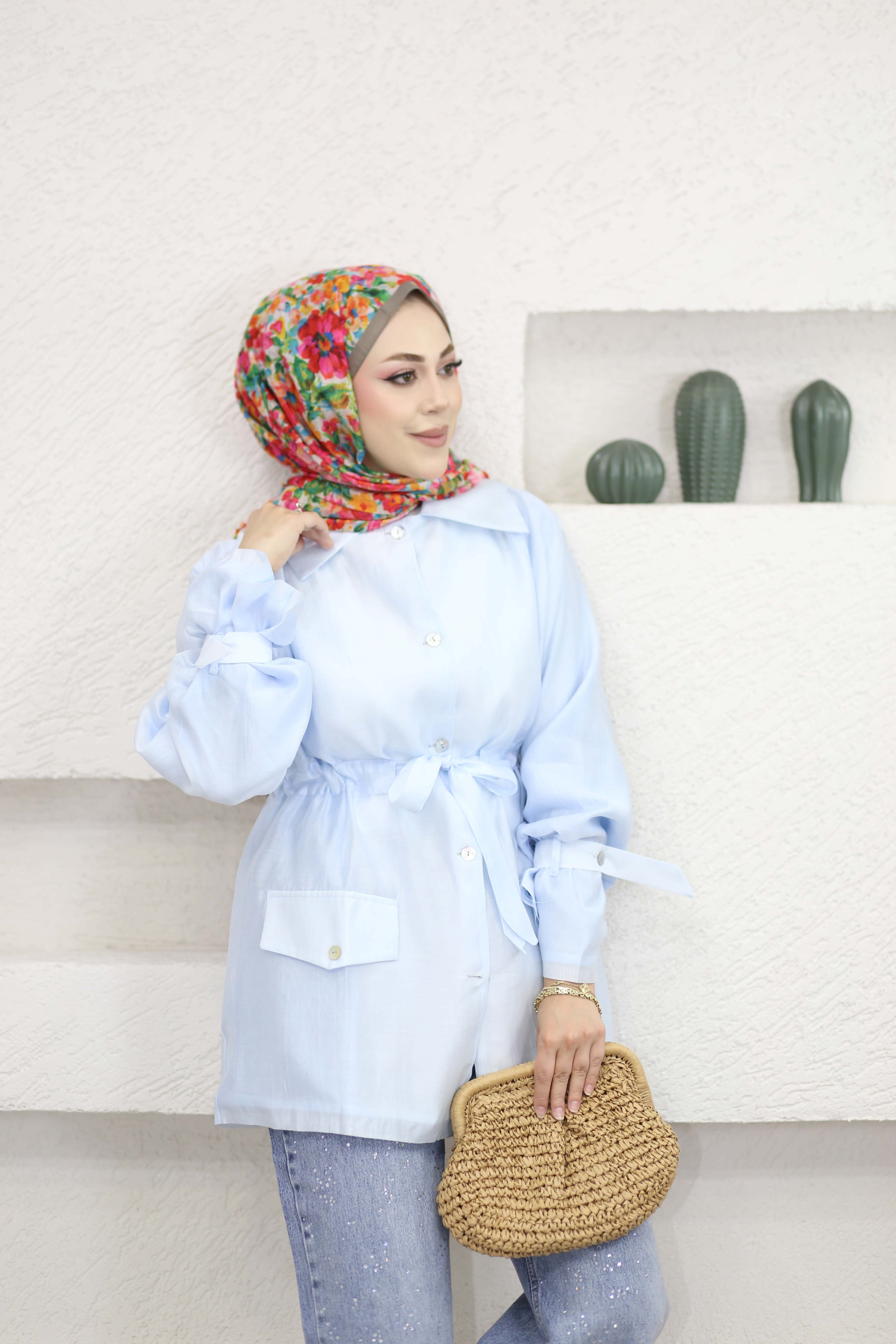 Kol Kuşak Detaylı Gömlek Bebe Mavi 9015