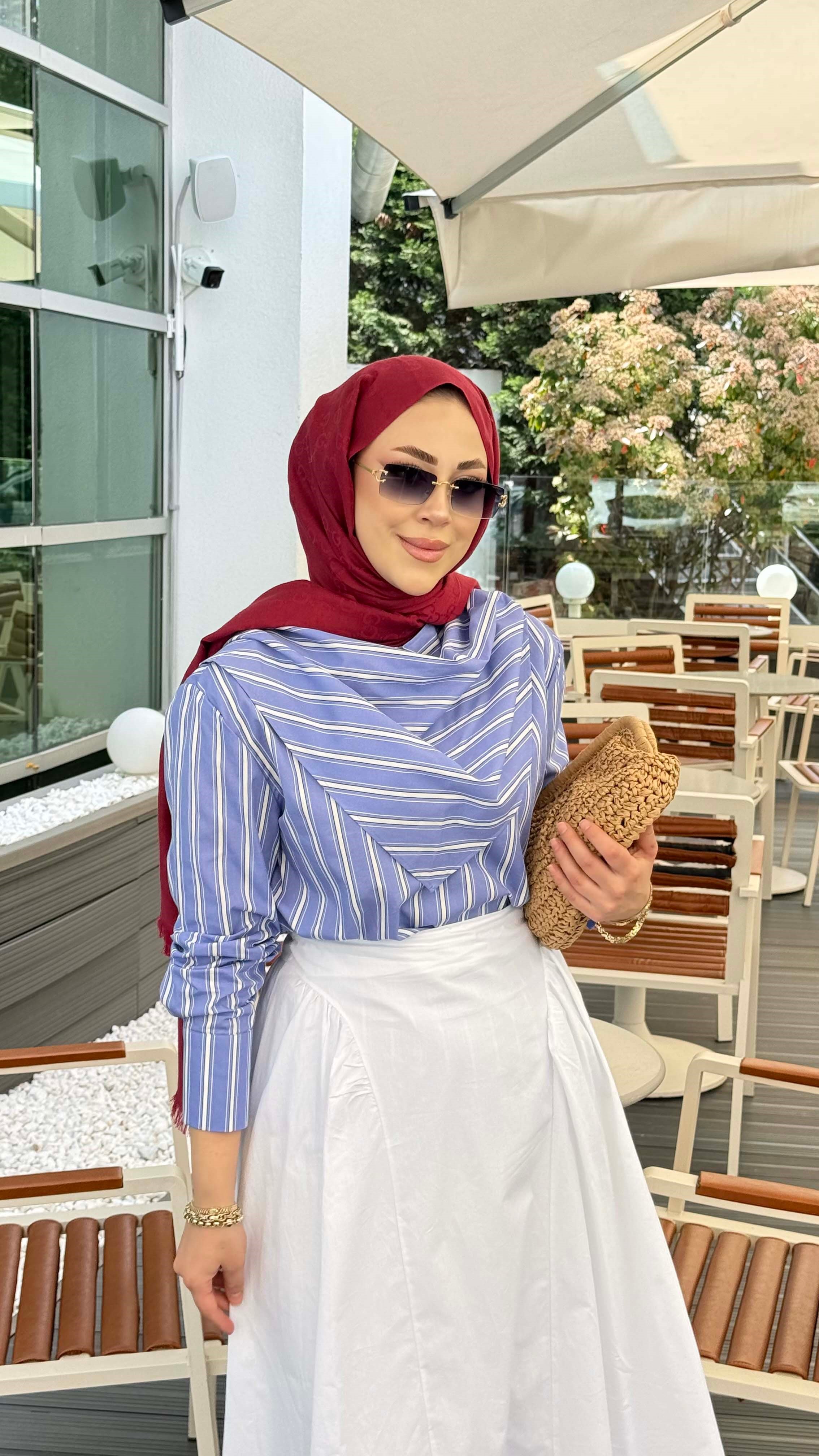 Yaka Fularlı Çizgili Tunik Mavi 26128