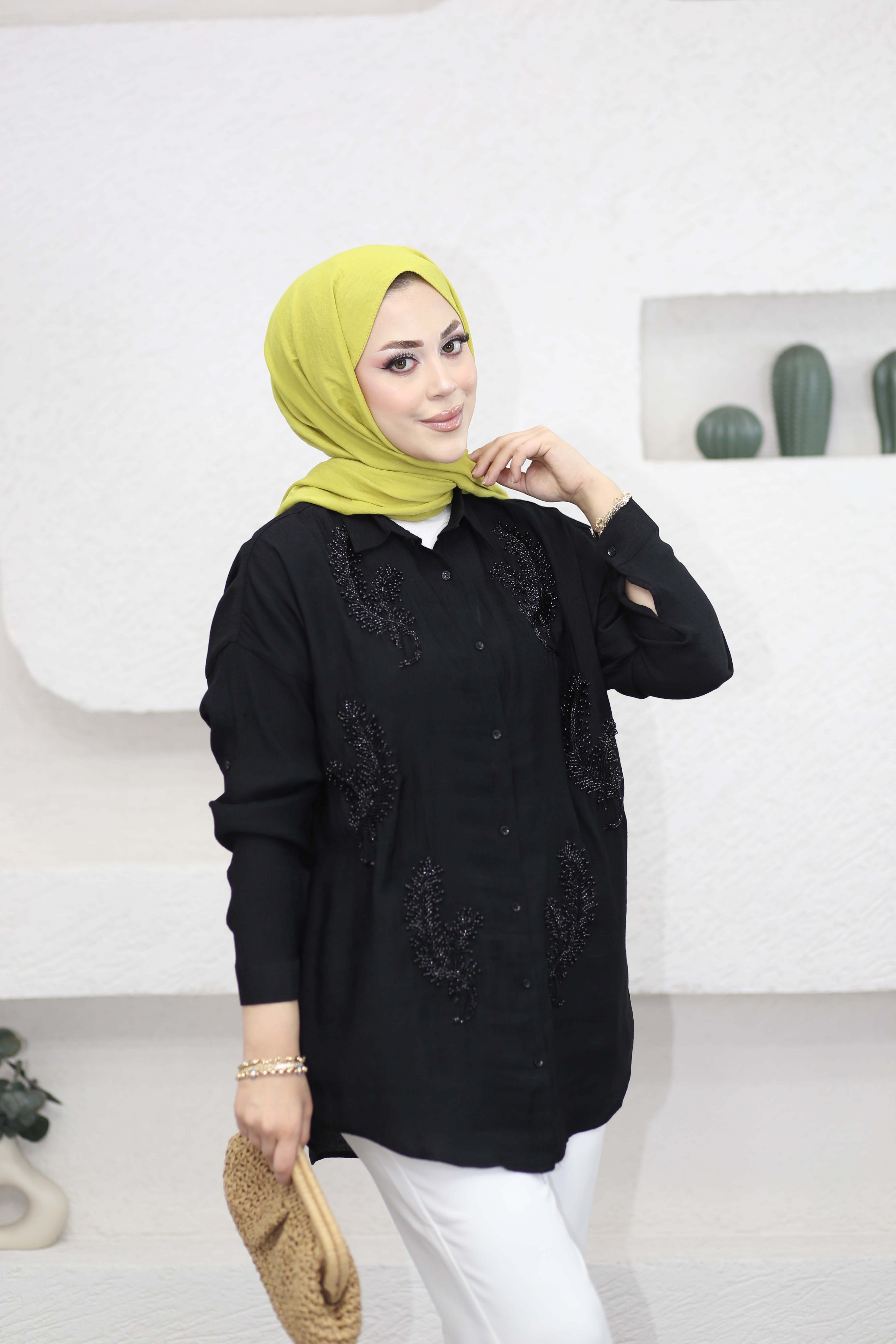 Eliz Nakışlı Gömlek Siyah 5109