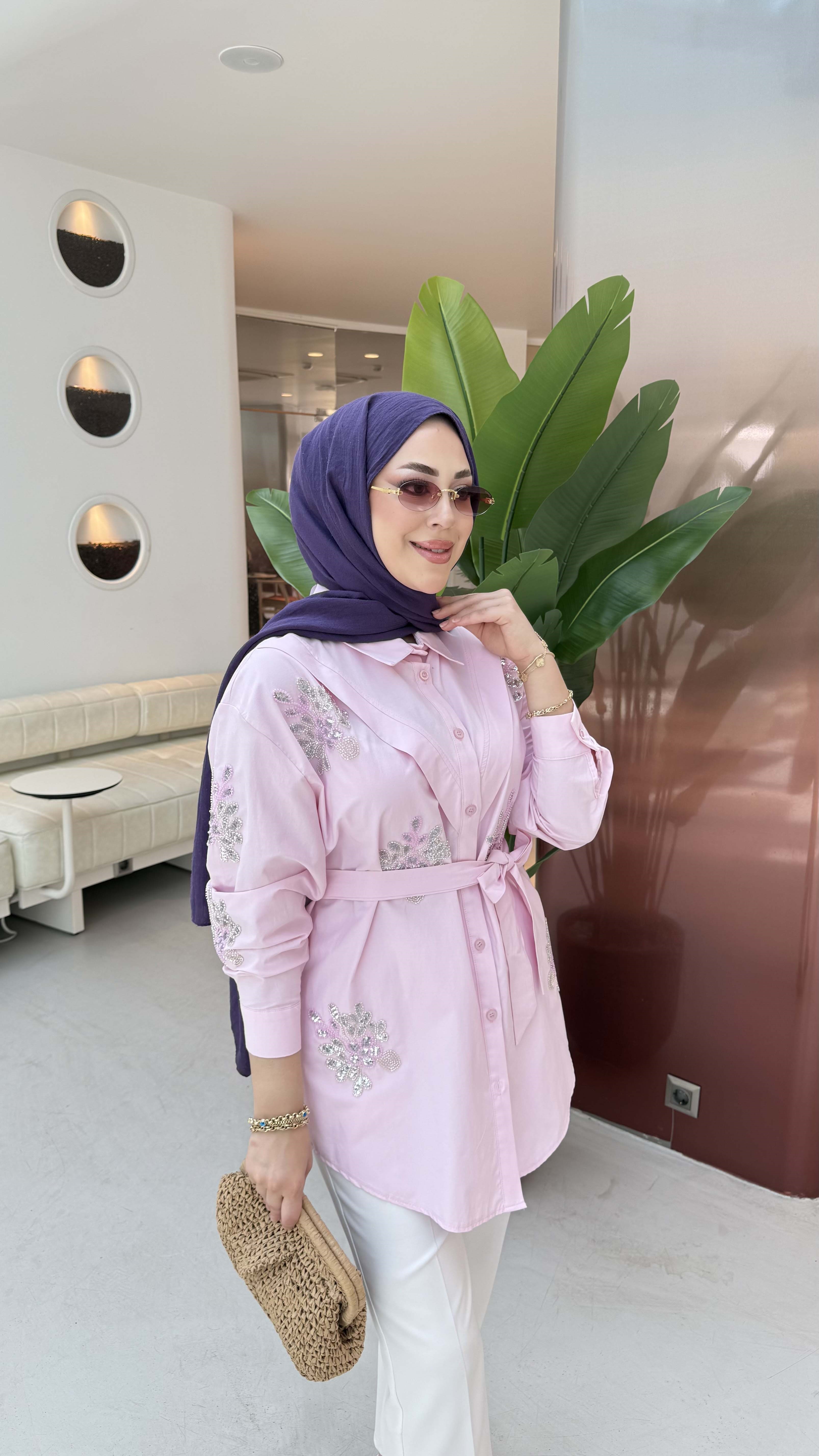 Taşlı Kuşaklı Gömlek Pembe 170325