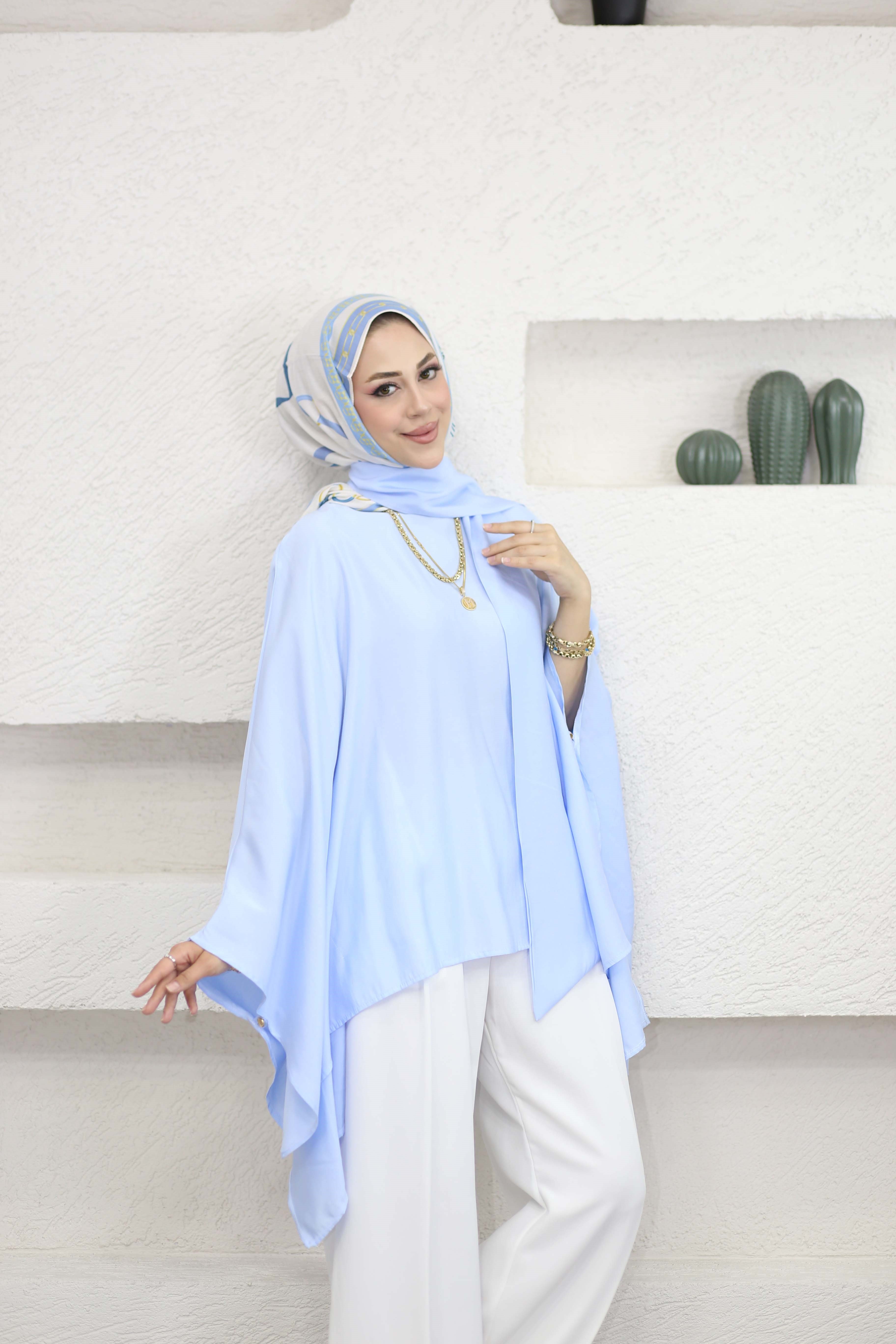 Yarasa Kol Şal Detaylı Bluz Mavi 2268