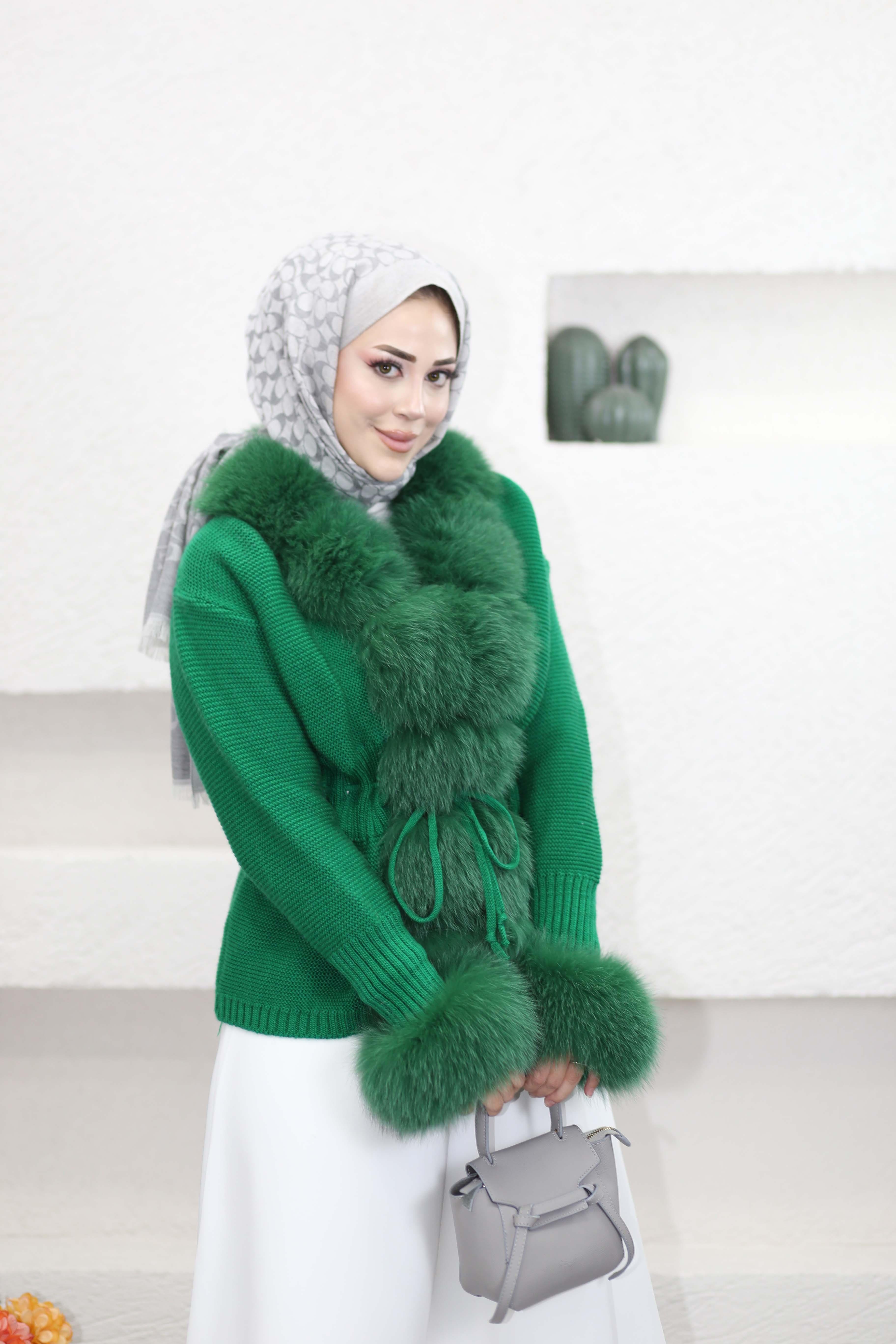 İthal Kürklü Hırka Yeşil 1502