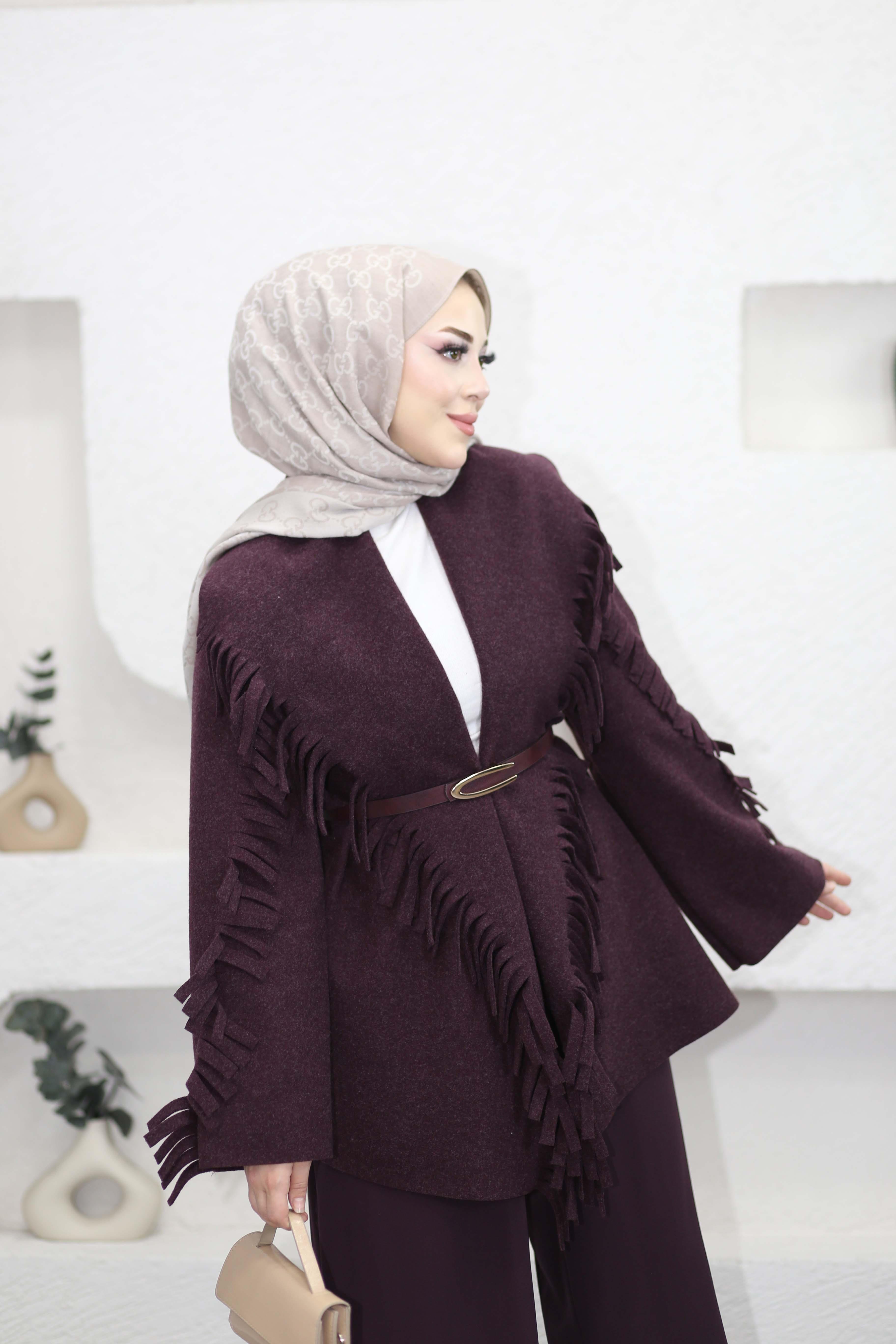 Püsküllü Kaşe Kaban Mürdüm 282