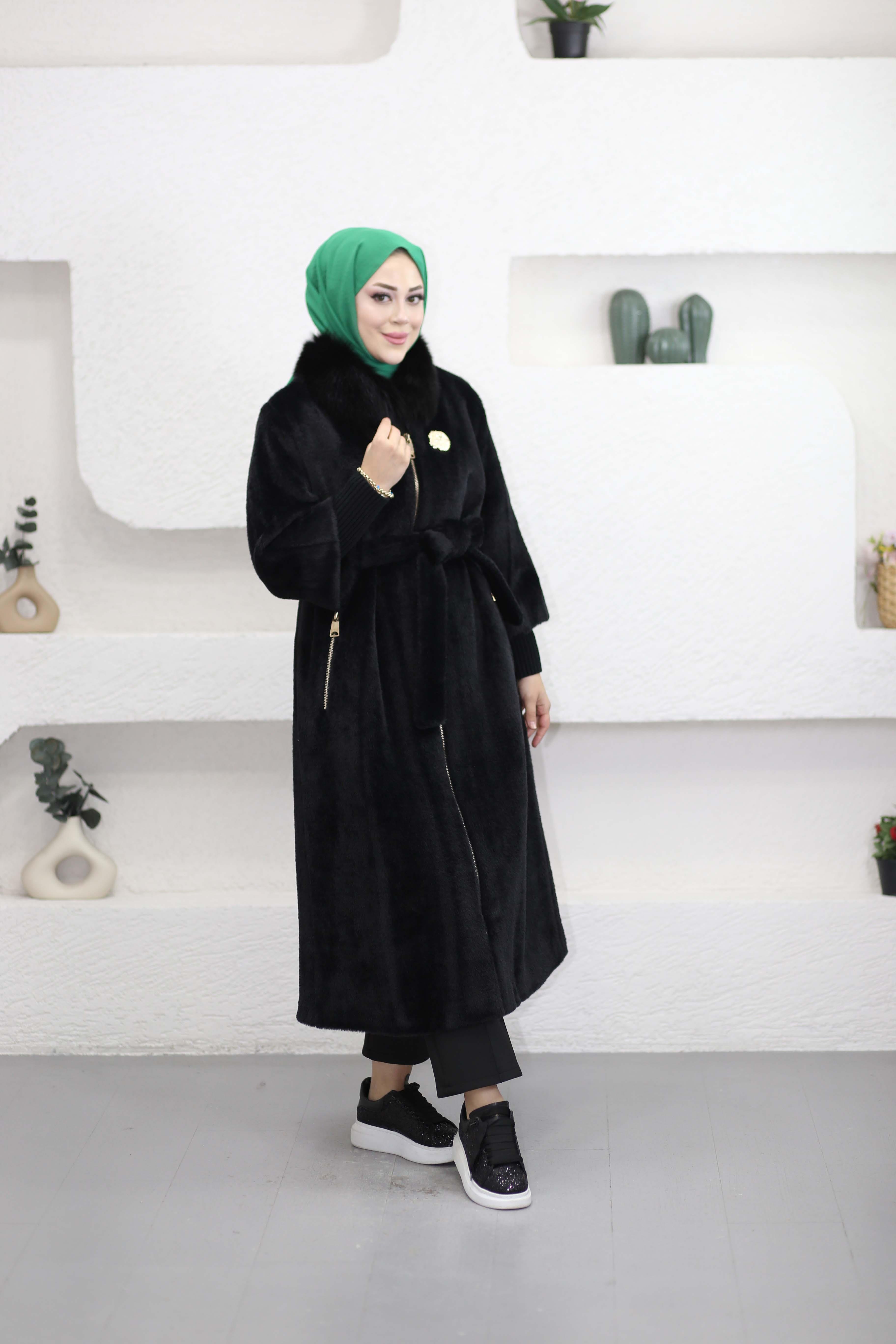 Kapşonlu Angora Kaban Siyah 7253