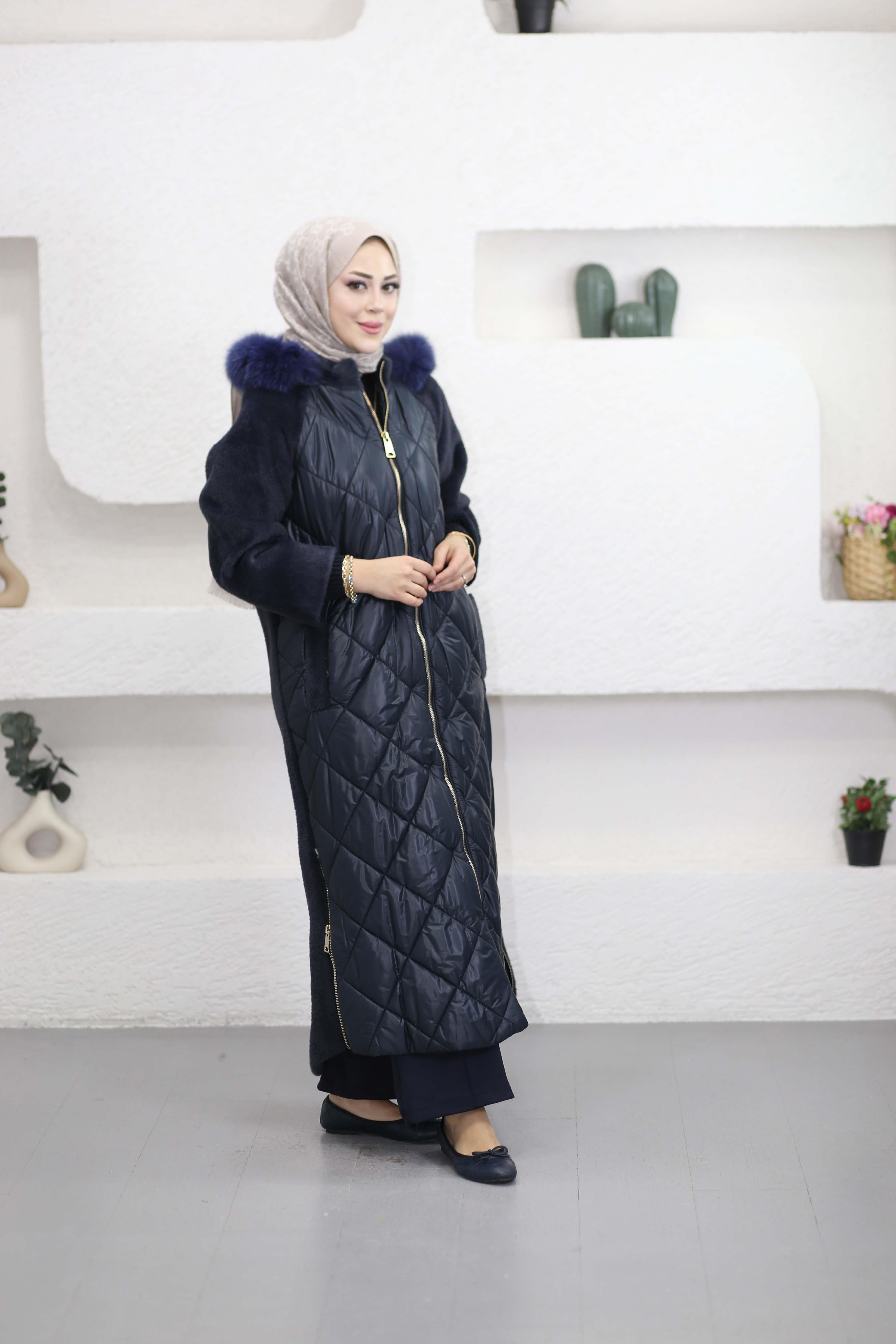 Önü Kapitone Angora Kaban Lacivert 7134