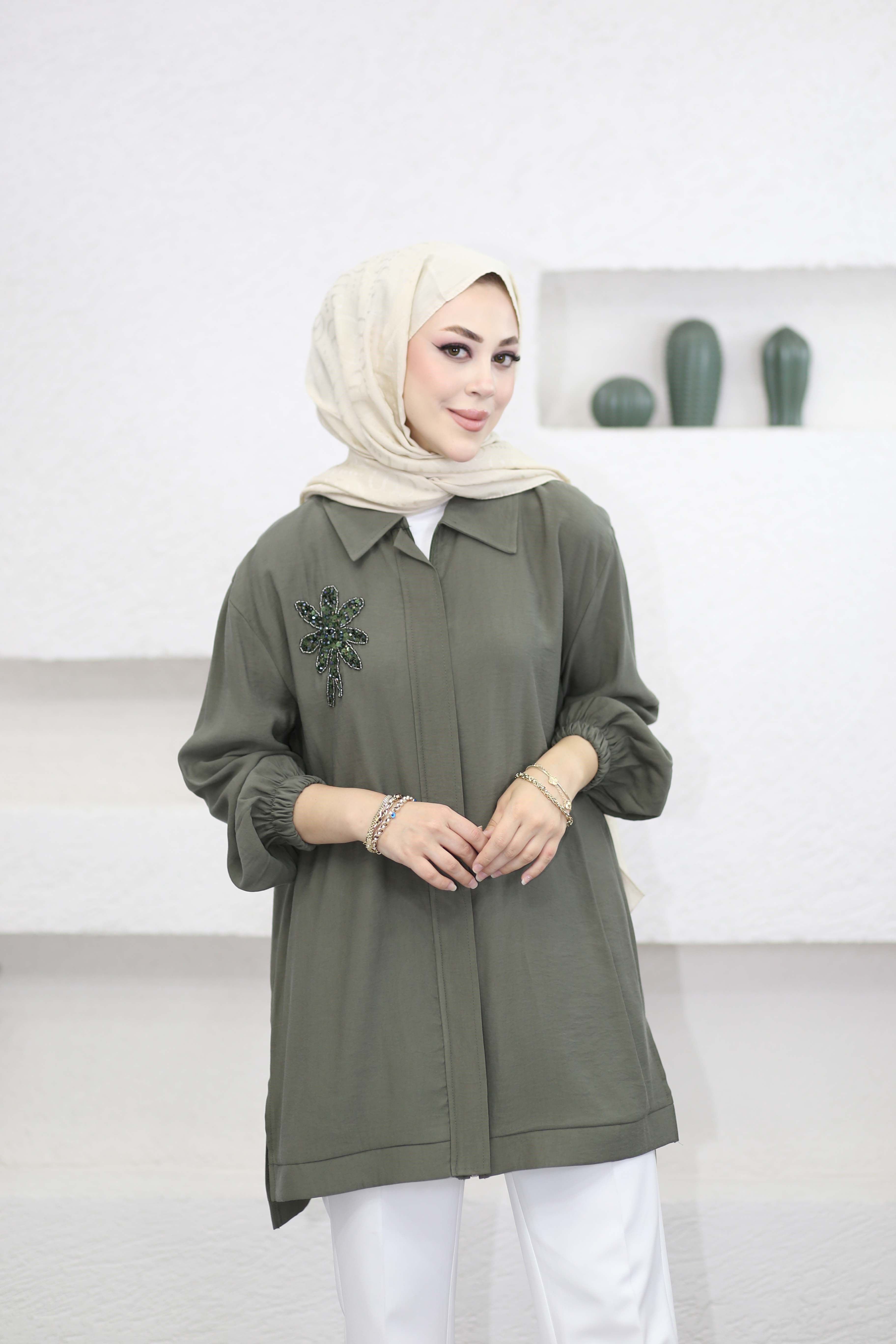 Boncuk Çamlı Tencel Kap Haki 7558