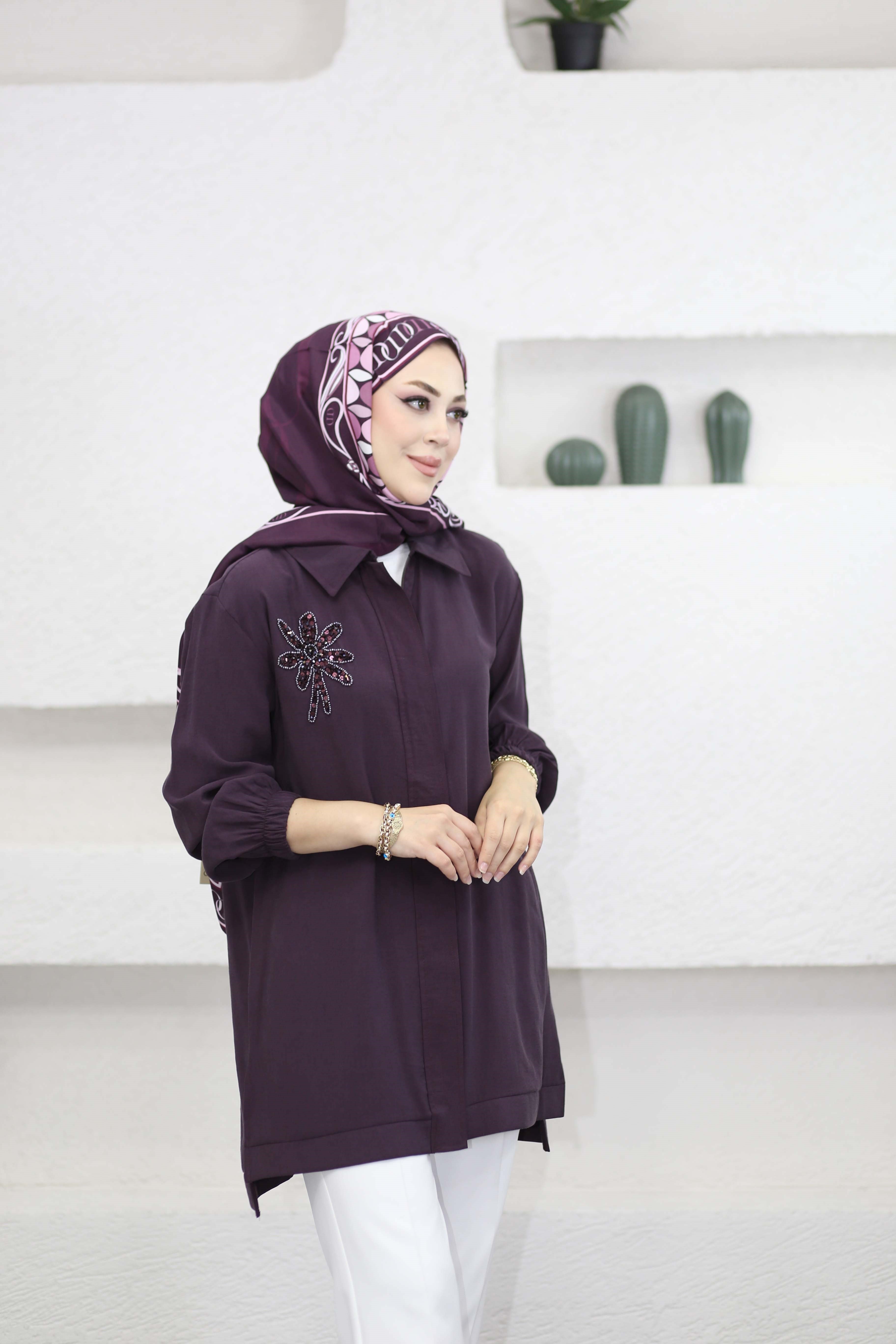Boncuk Çamlı Tencel Kap Mor 7558
