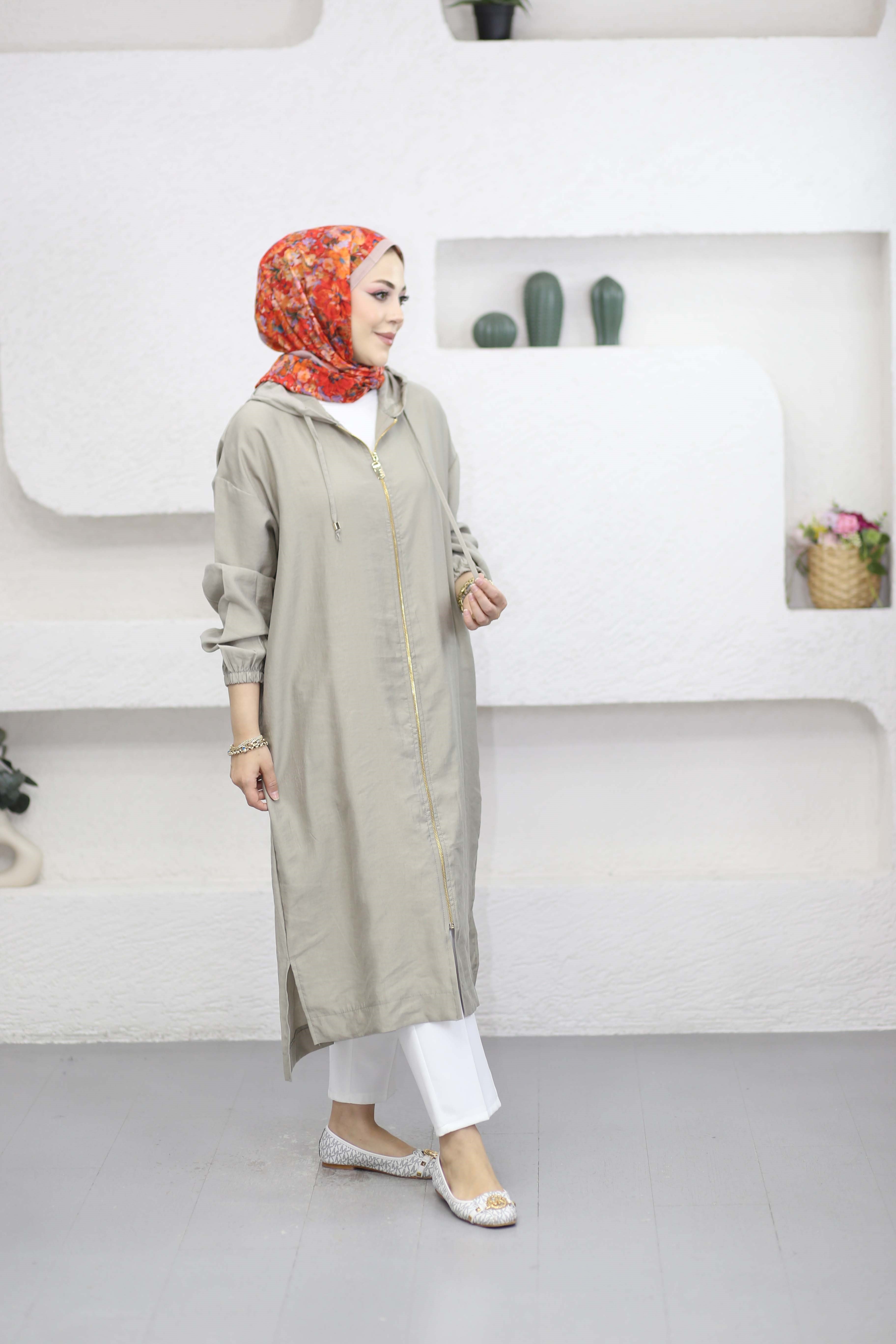 Yırtmaçlı Fermuarlı Kap Vizon 2992
