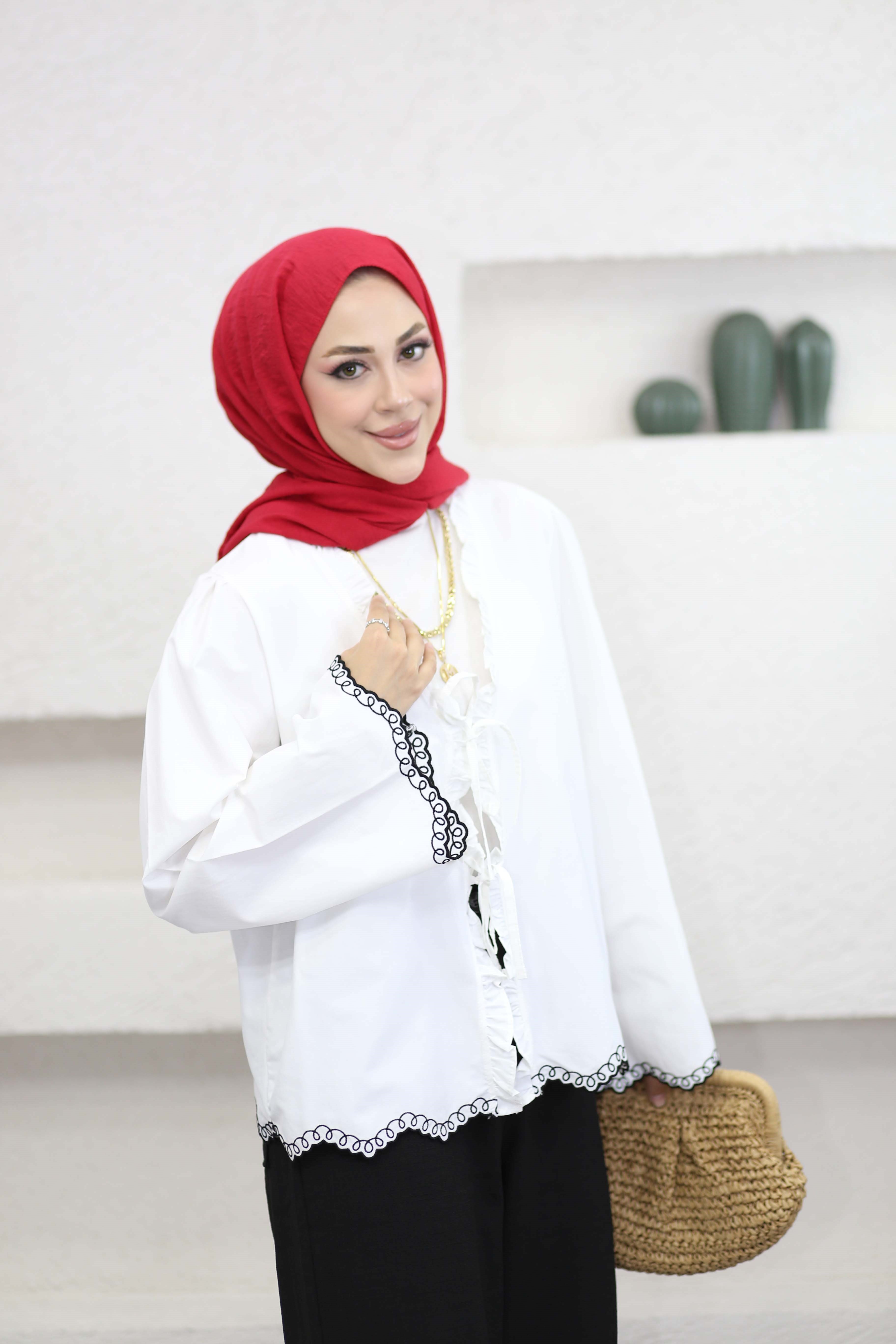 Nakış Detaylı Bağcıklı Kimono Beyaz 3455