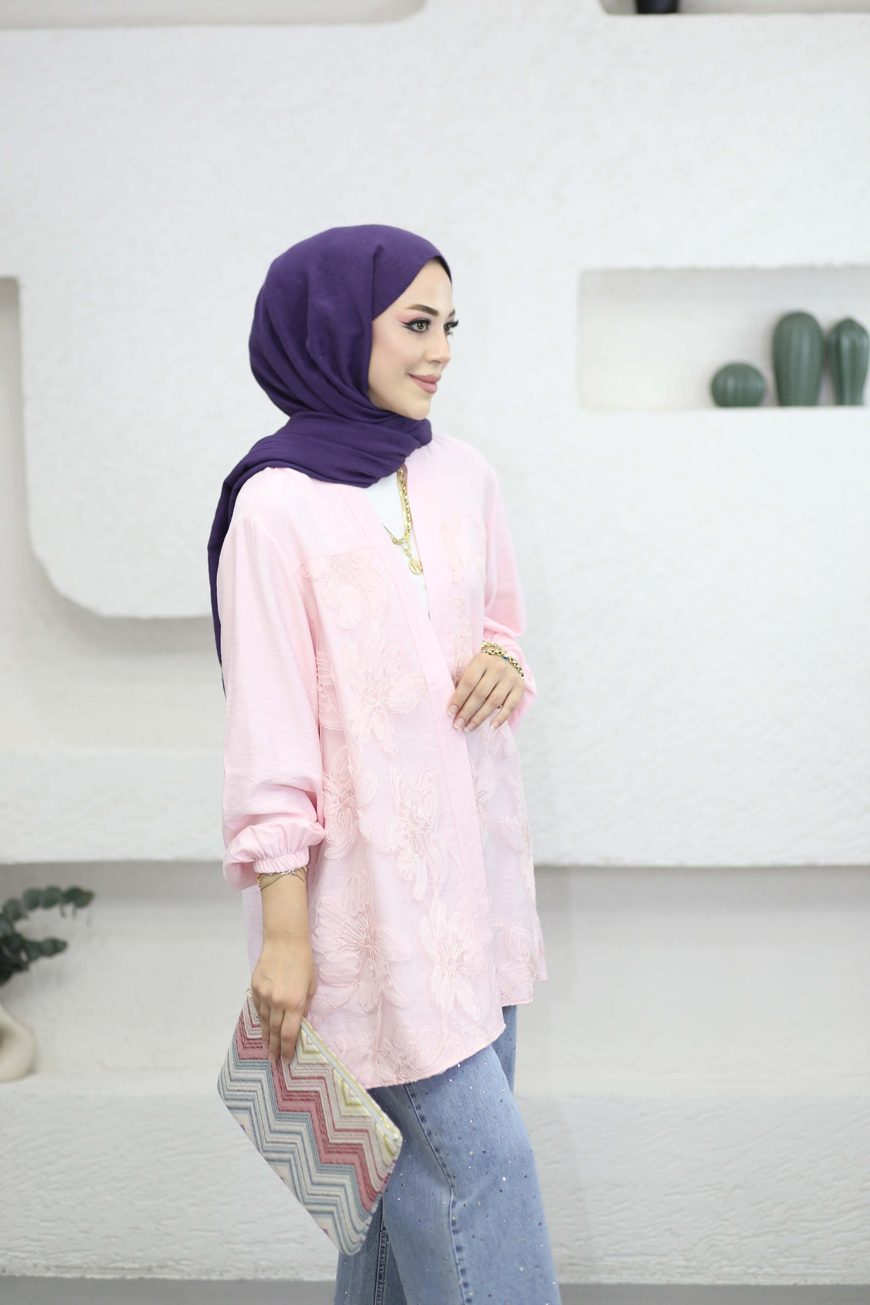 Tül Çiçek Desenli Kimono Pembe 26112