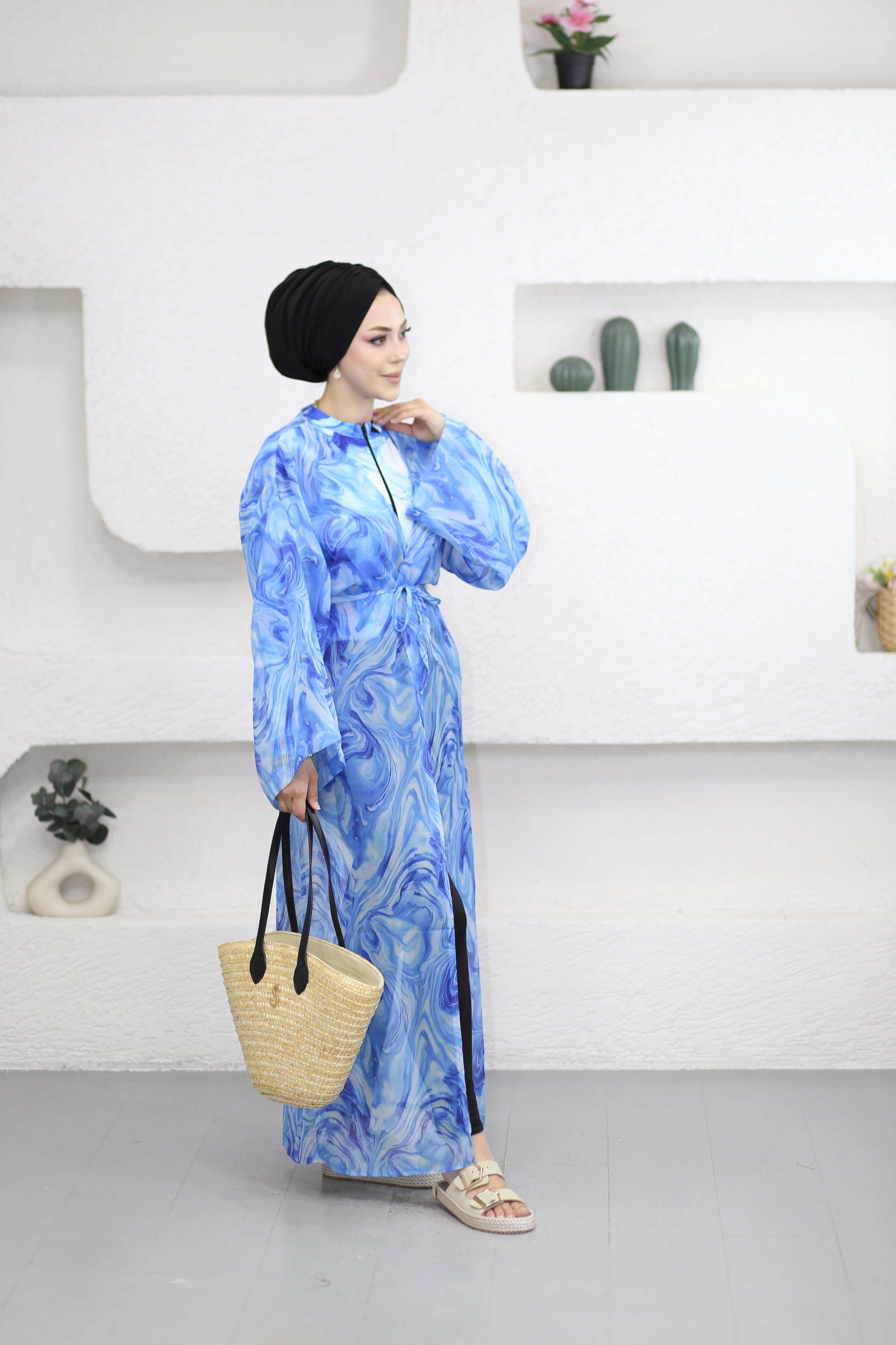 Desenli Kimono Mavi 0002