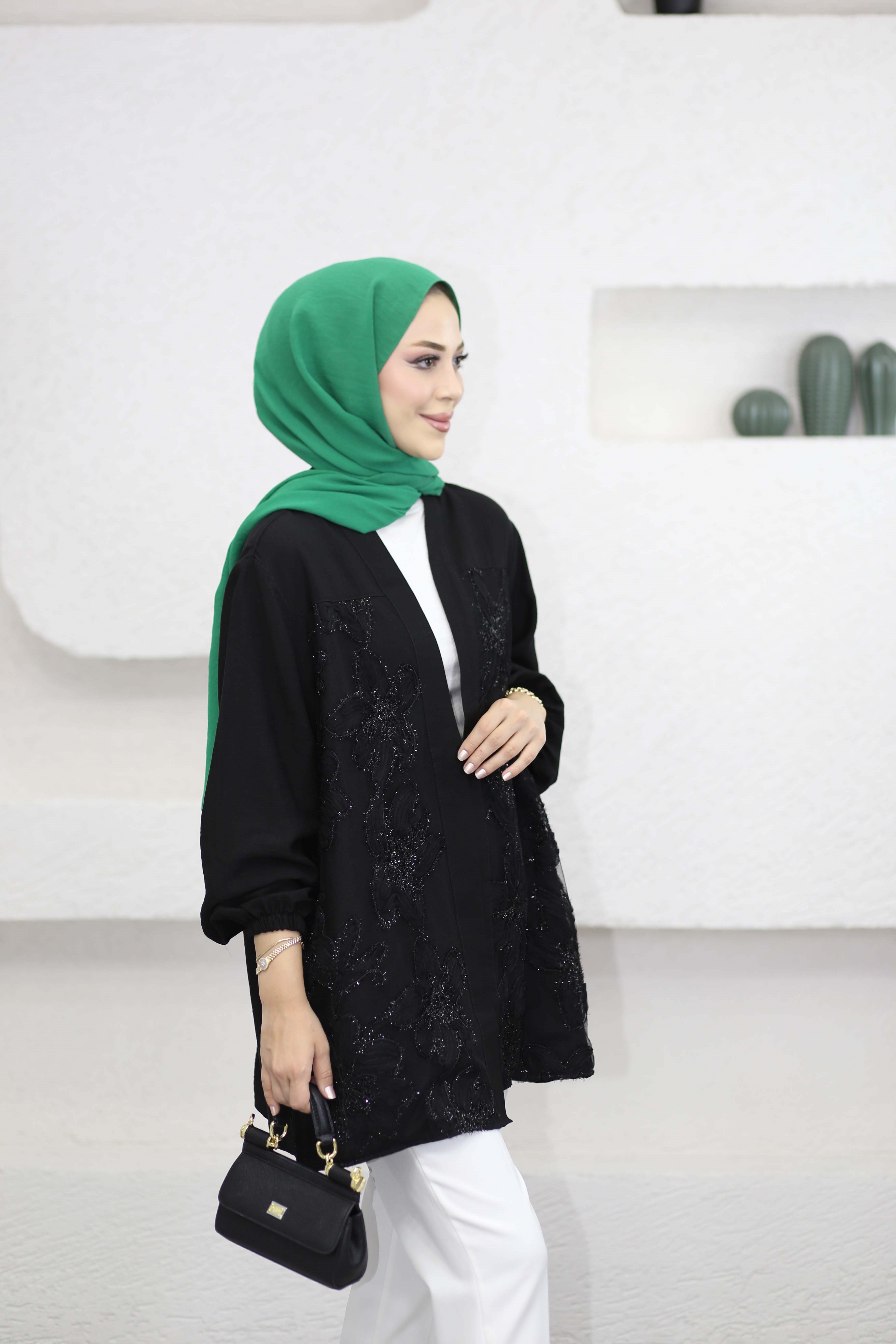Tül Çiçek Desenli Kimono Siyah 26112