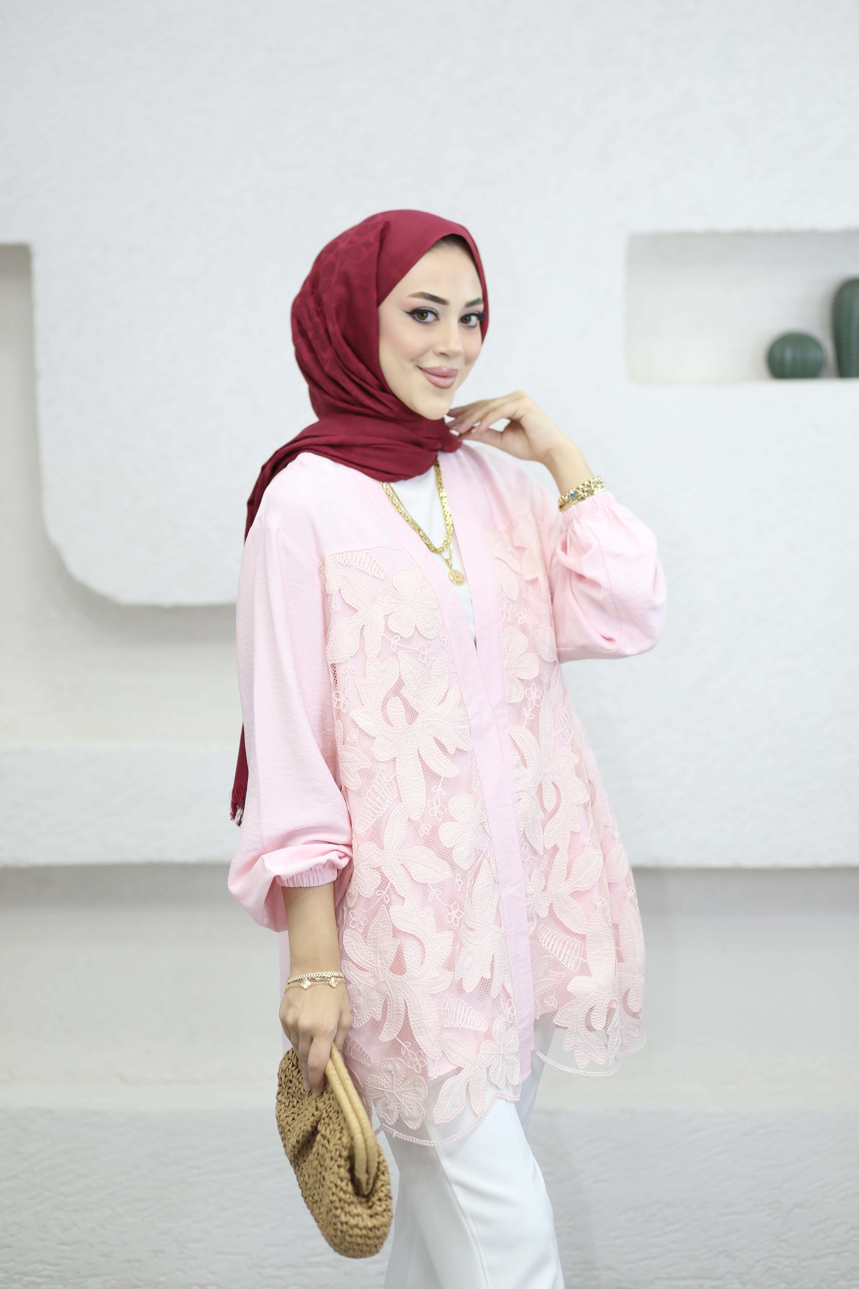 Güpür Çiçek Desenli Kimono Pembe 26111
