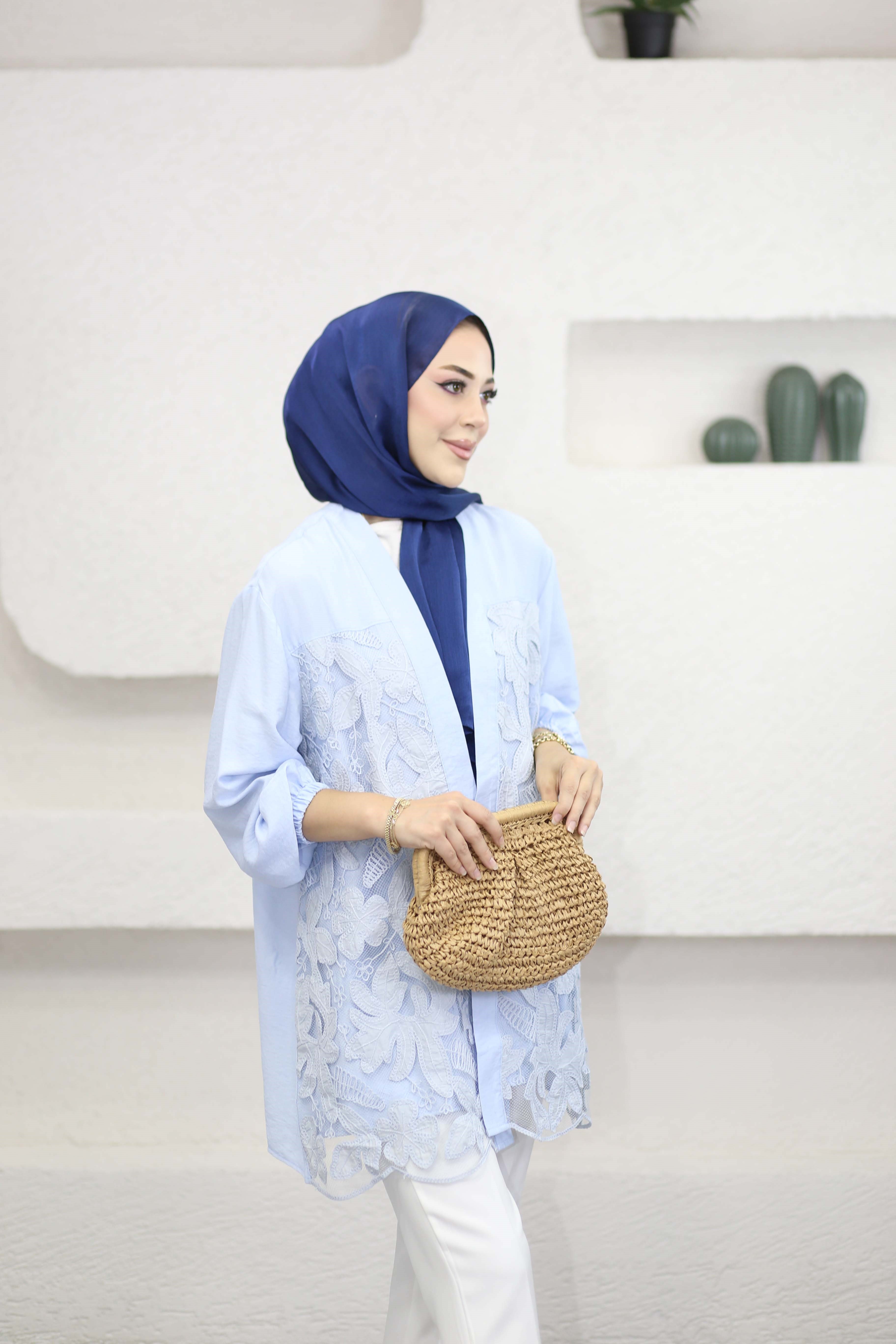 Güpür Çiçek Desenli Kimono Mavi 26111