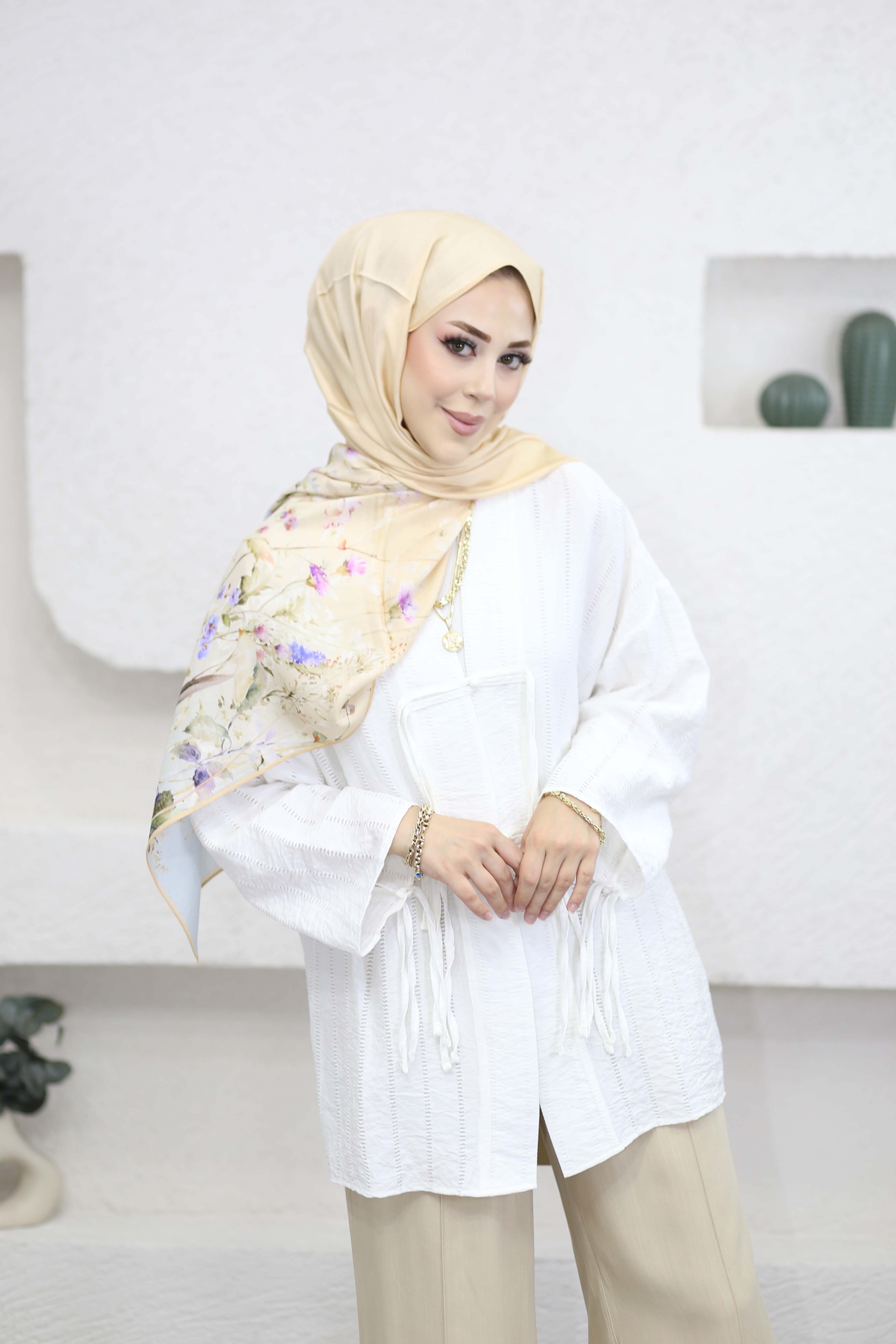 Düğme Bağcıklı Kimono Beyaz 1185