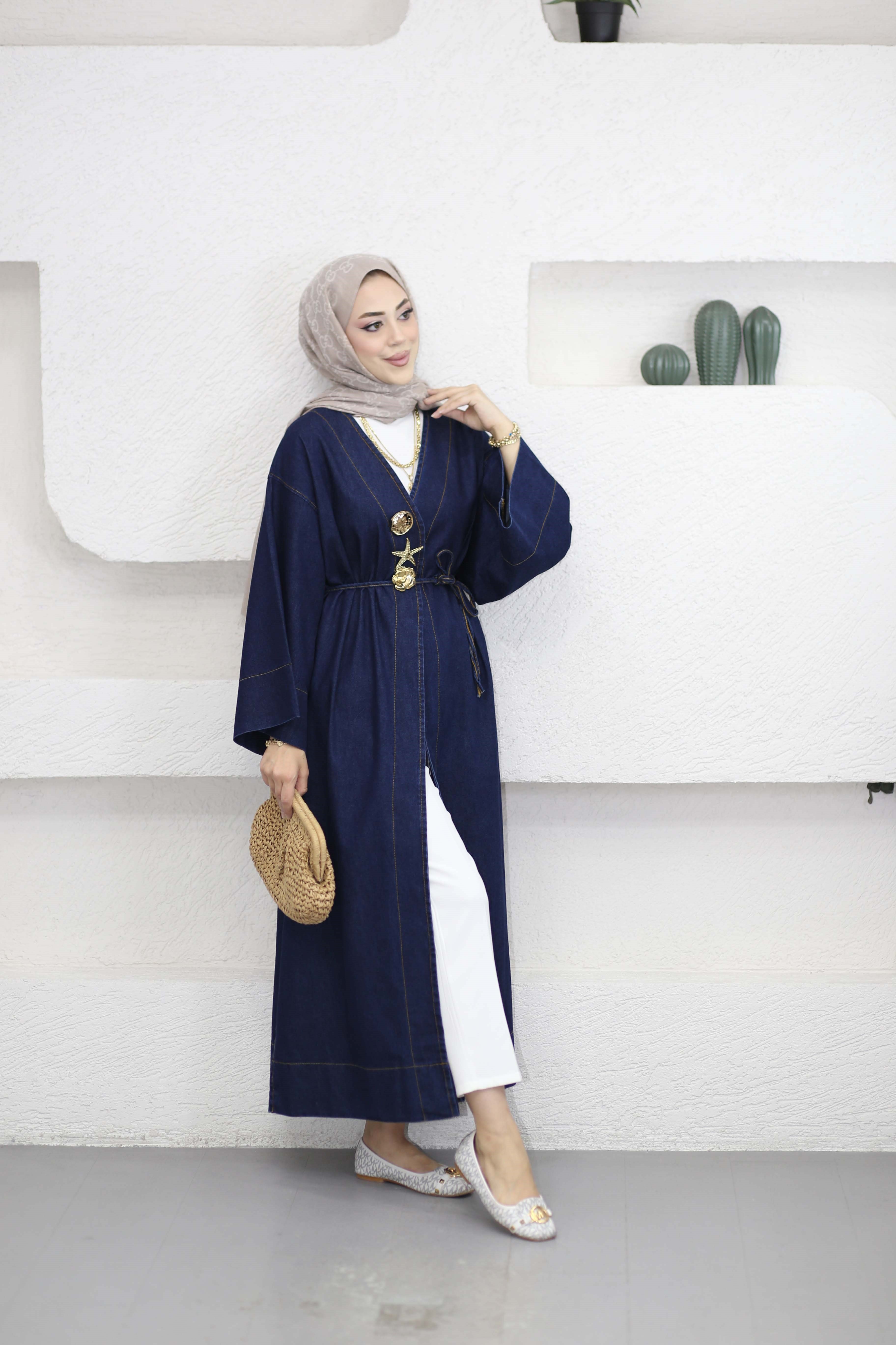 Broşlu Denim Kimono Koyu Mavi 9133