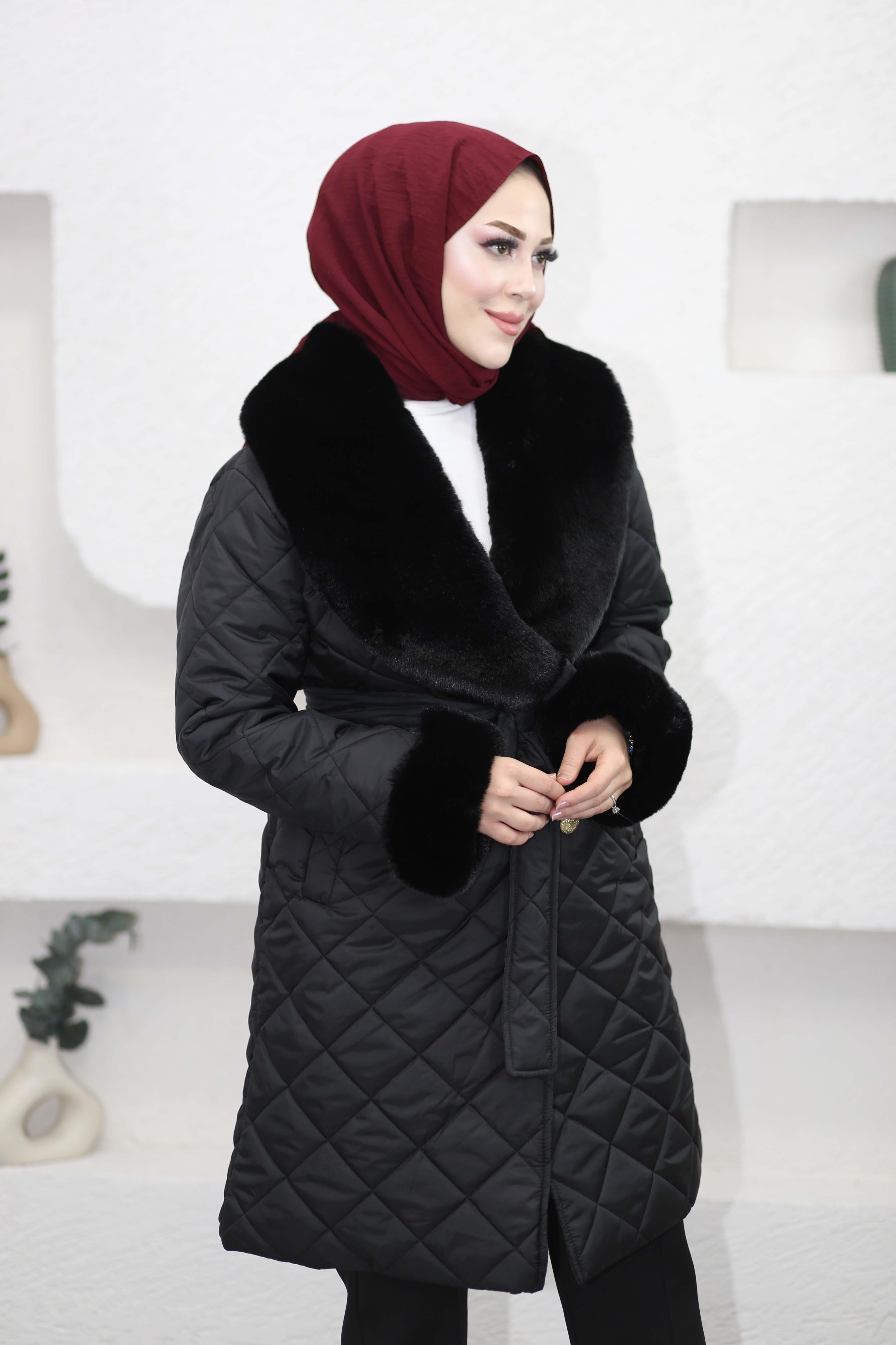 Kürklü Kapitone Mont Siyah 7802