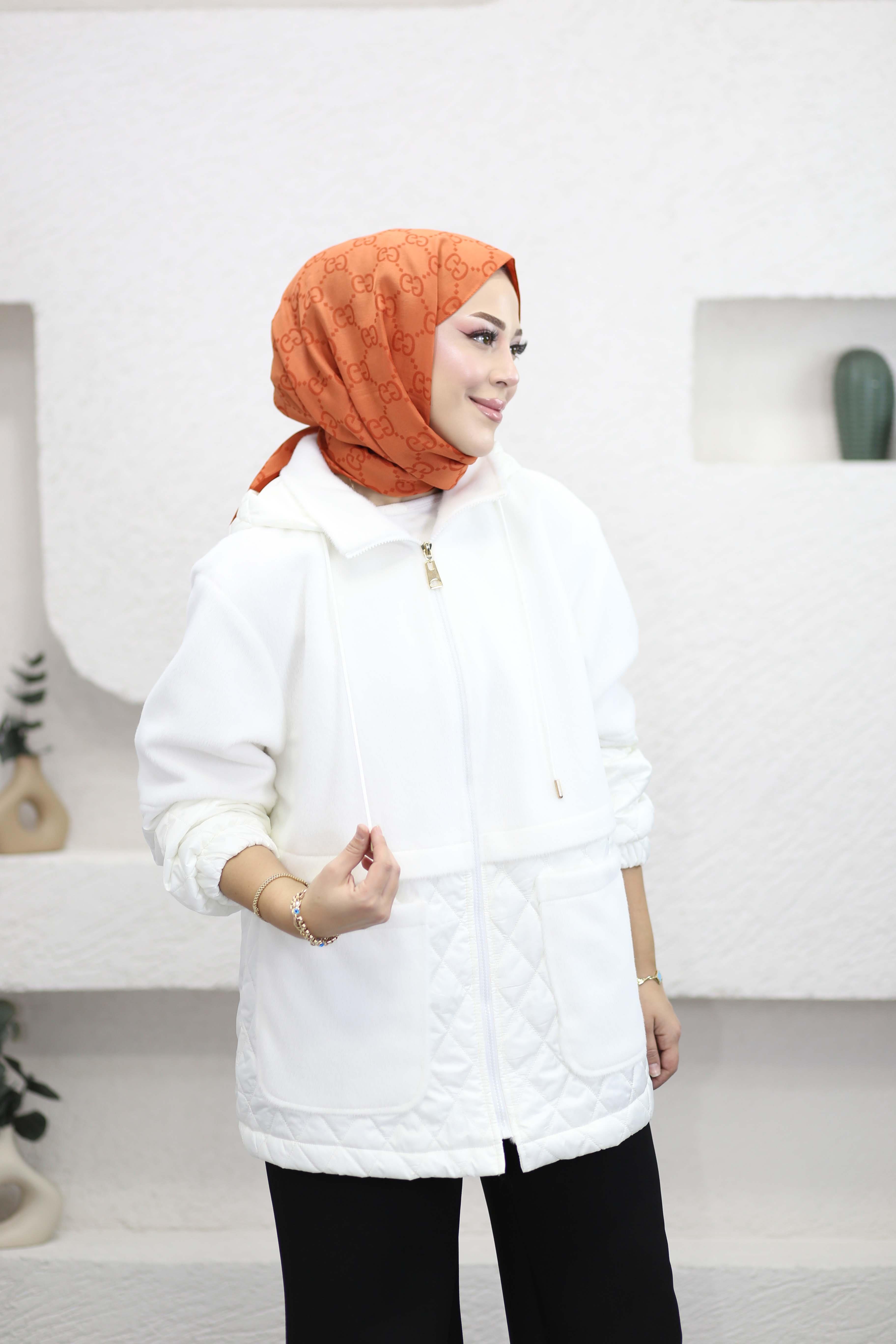 Kapitone Garnili Peluş Mont Ekru 35832