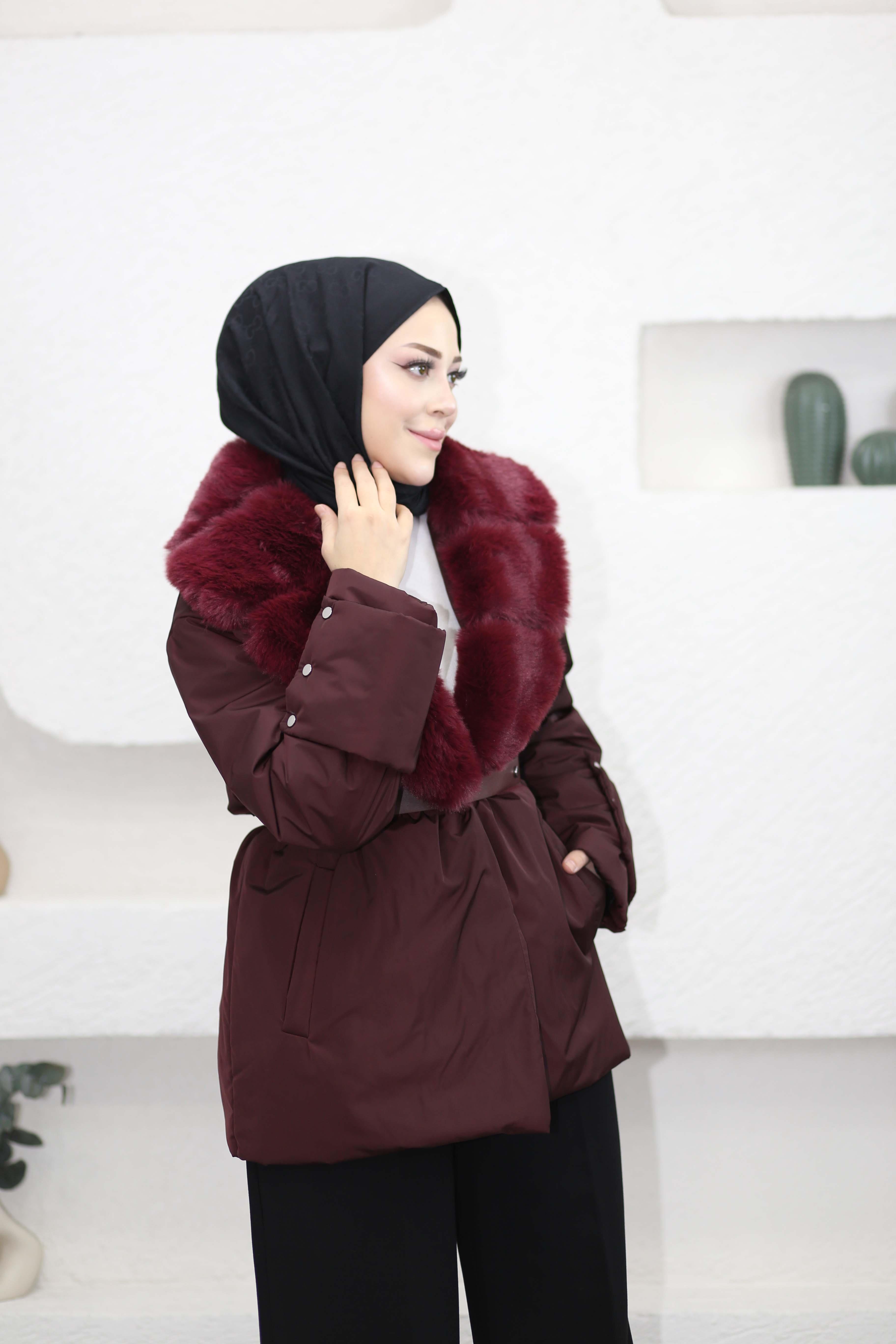 Yakası Kürklü Şişme Mont Bordo 2075
