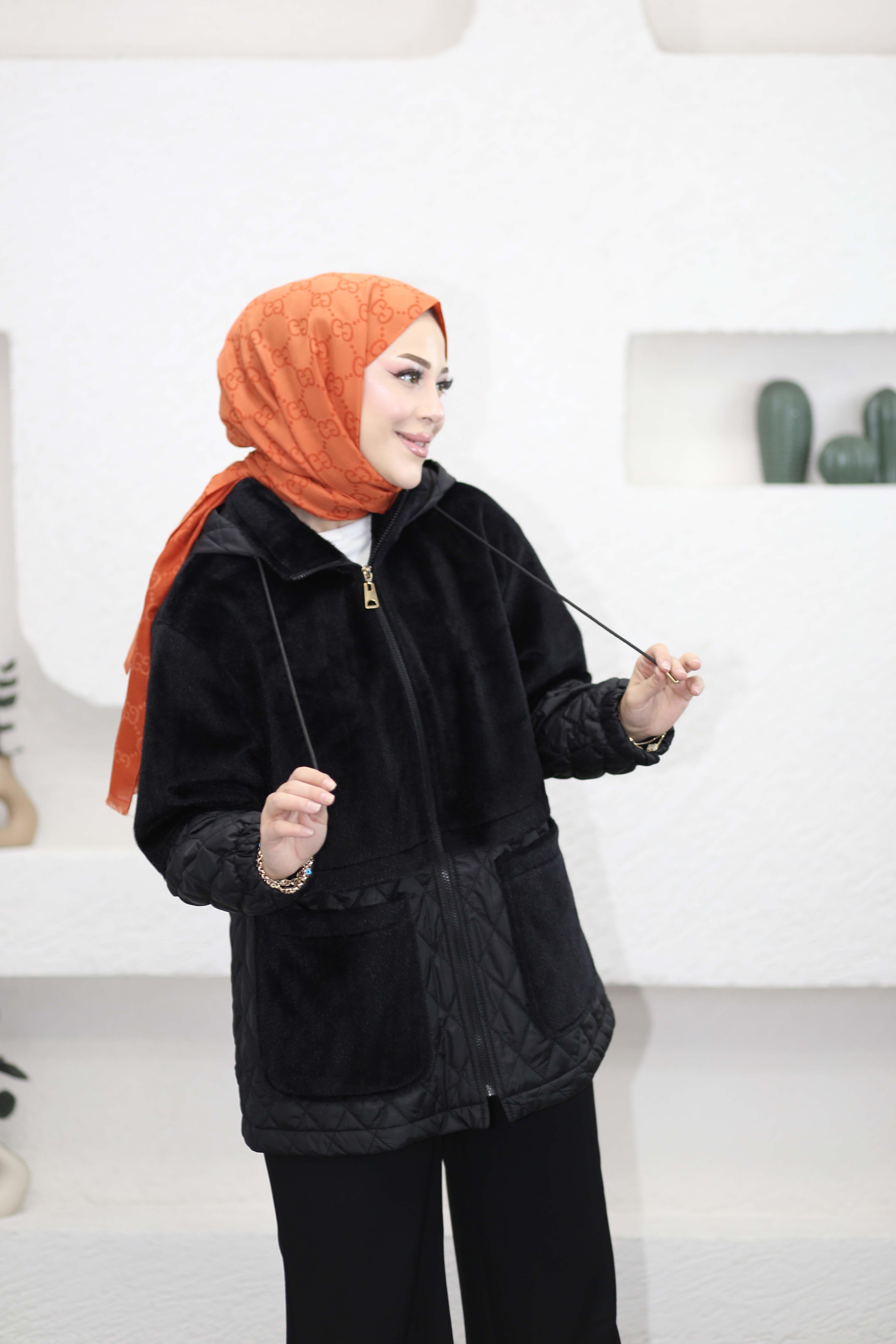 Kapitone Garnili Peluş Mont Siyah 35832