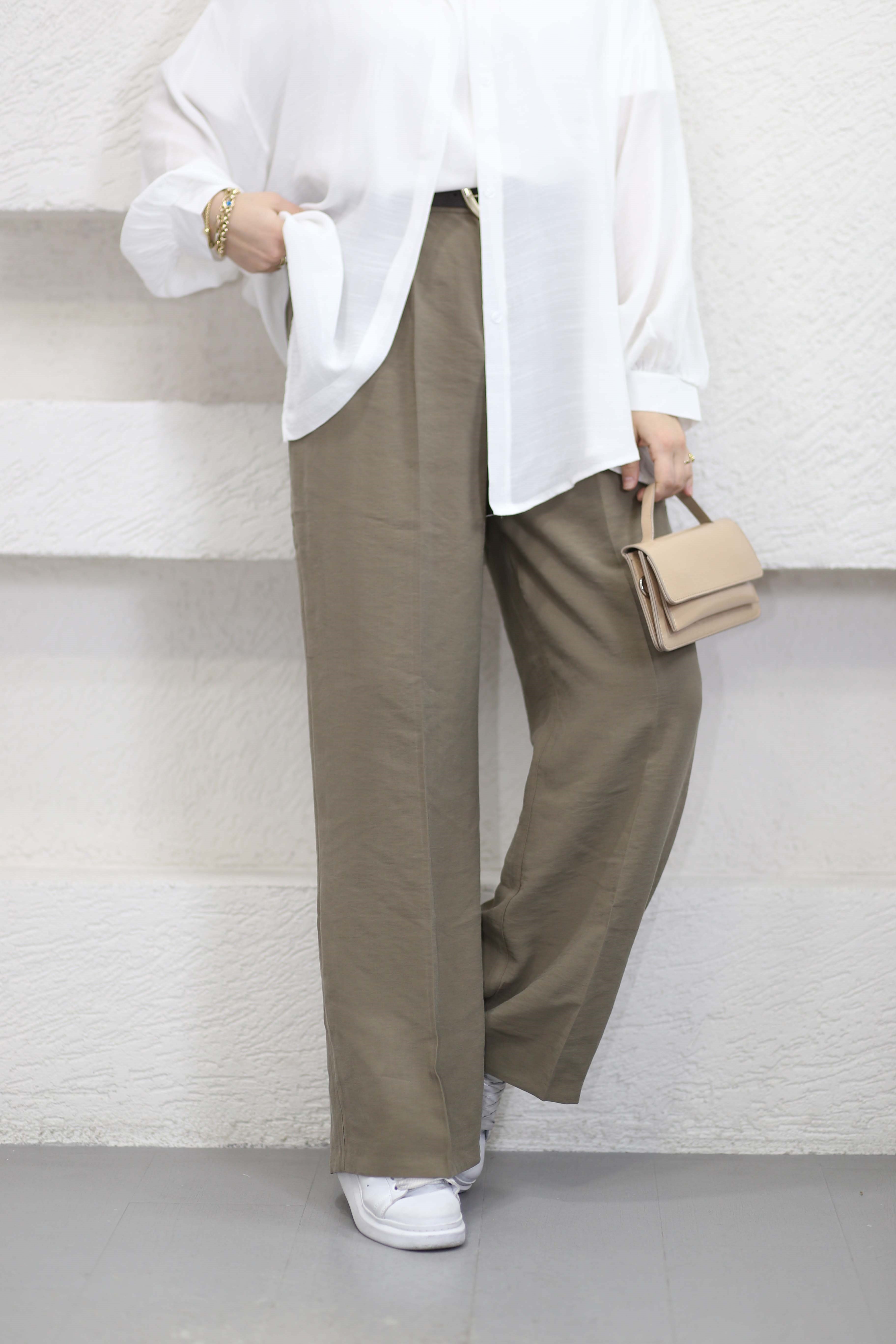 Deri kemerli palazzo pantolon Vizon 4913