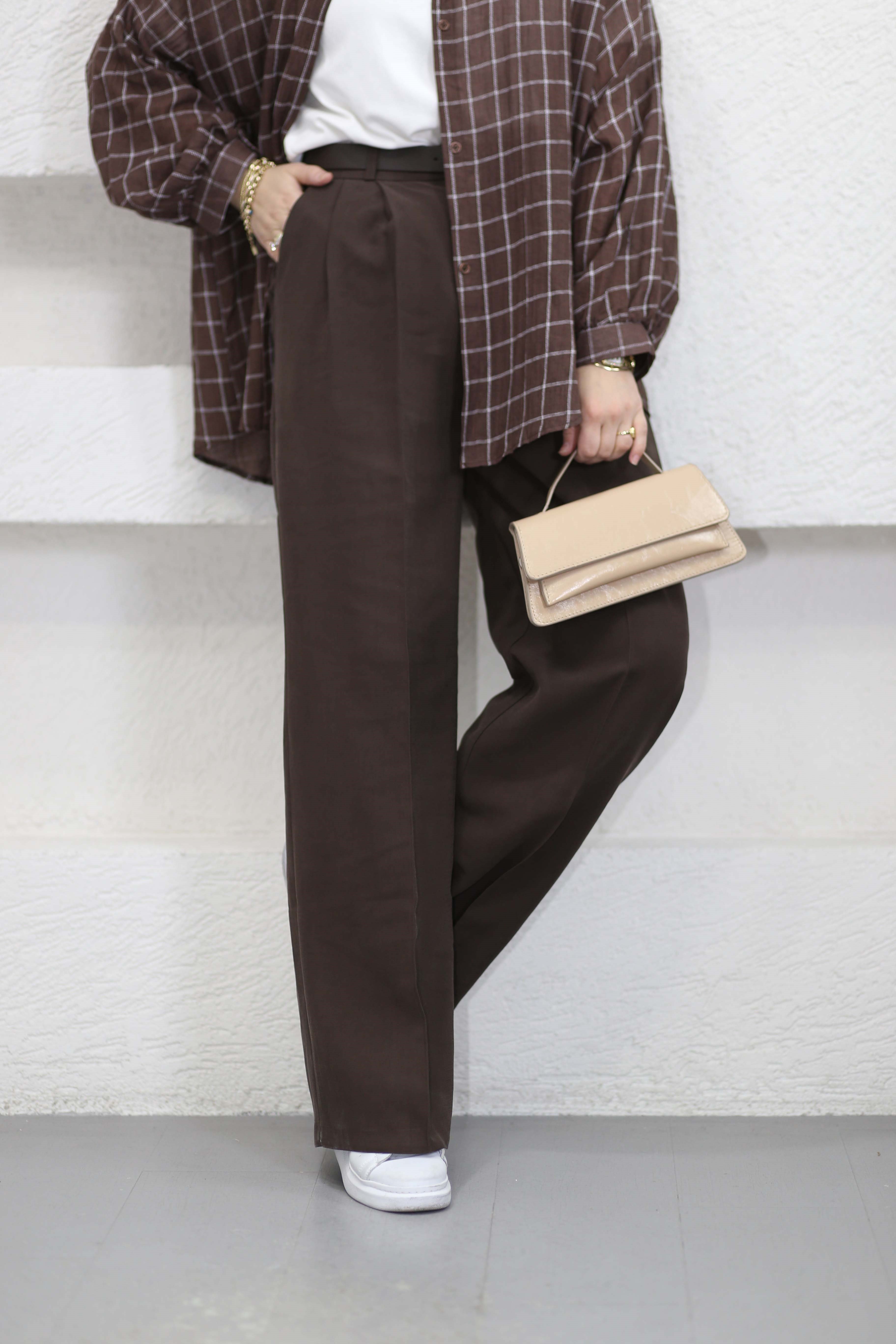 Deri kemerli palazzo pantolon Kahverengi 4913