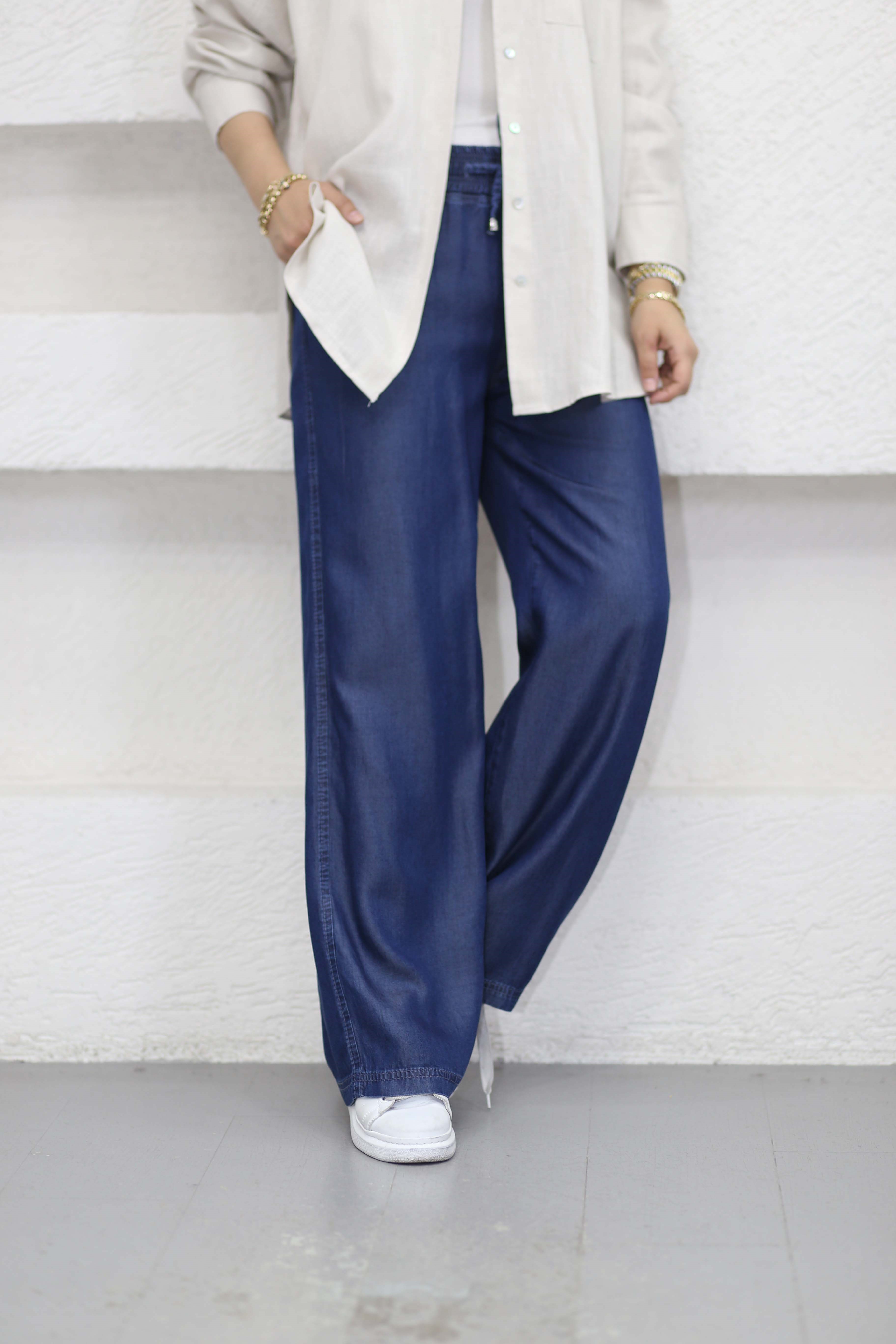 Bol Paça Tencel Pantolon Koyu Mavi 2517