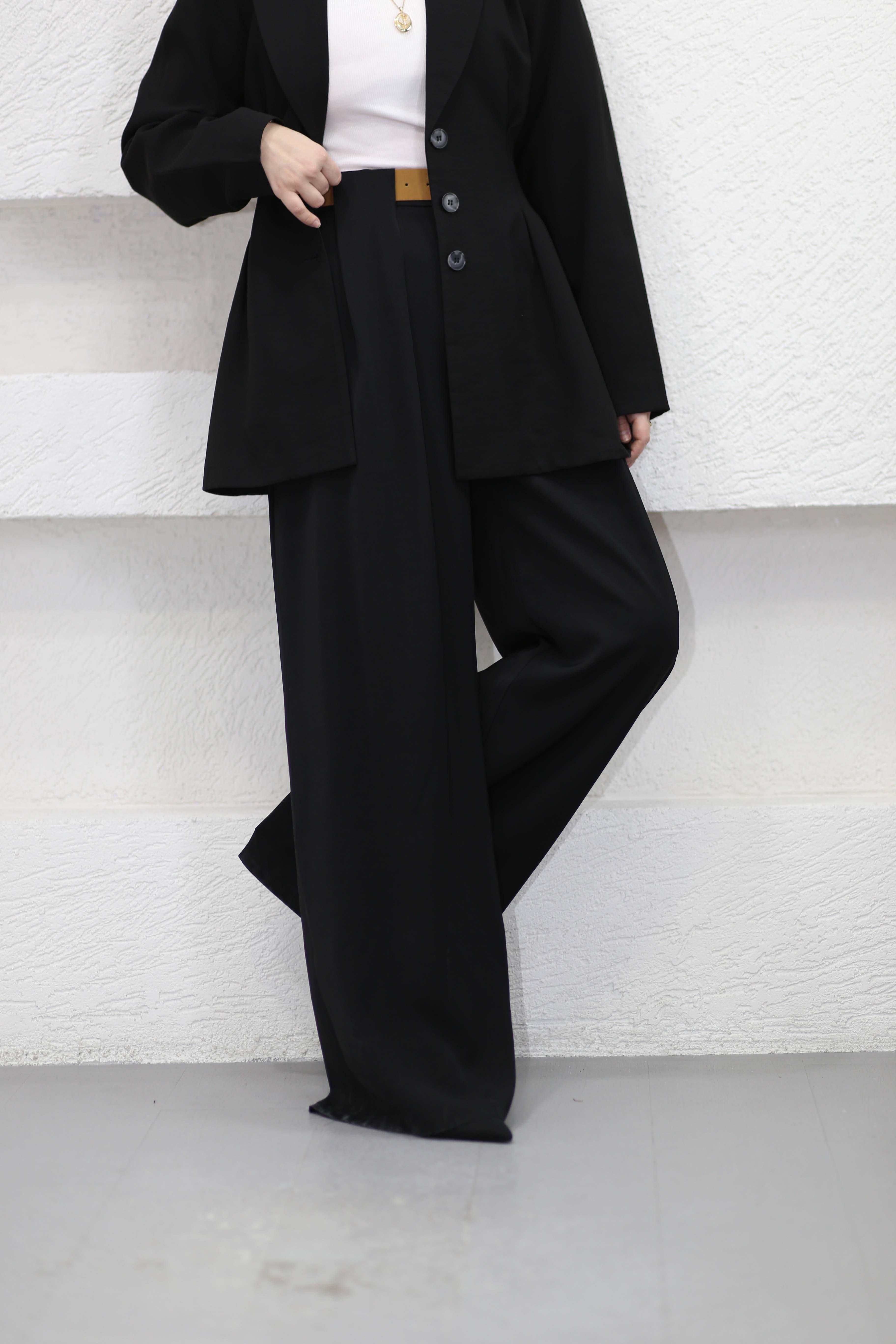 Köprü Detaylı Kemerli Pantolon Siyah 6408