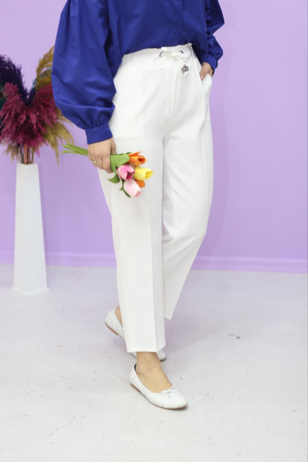 Beli Bağlamalı Krep Pantolon Beyaz 1314