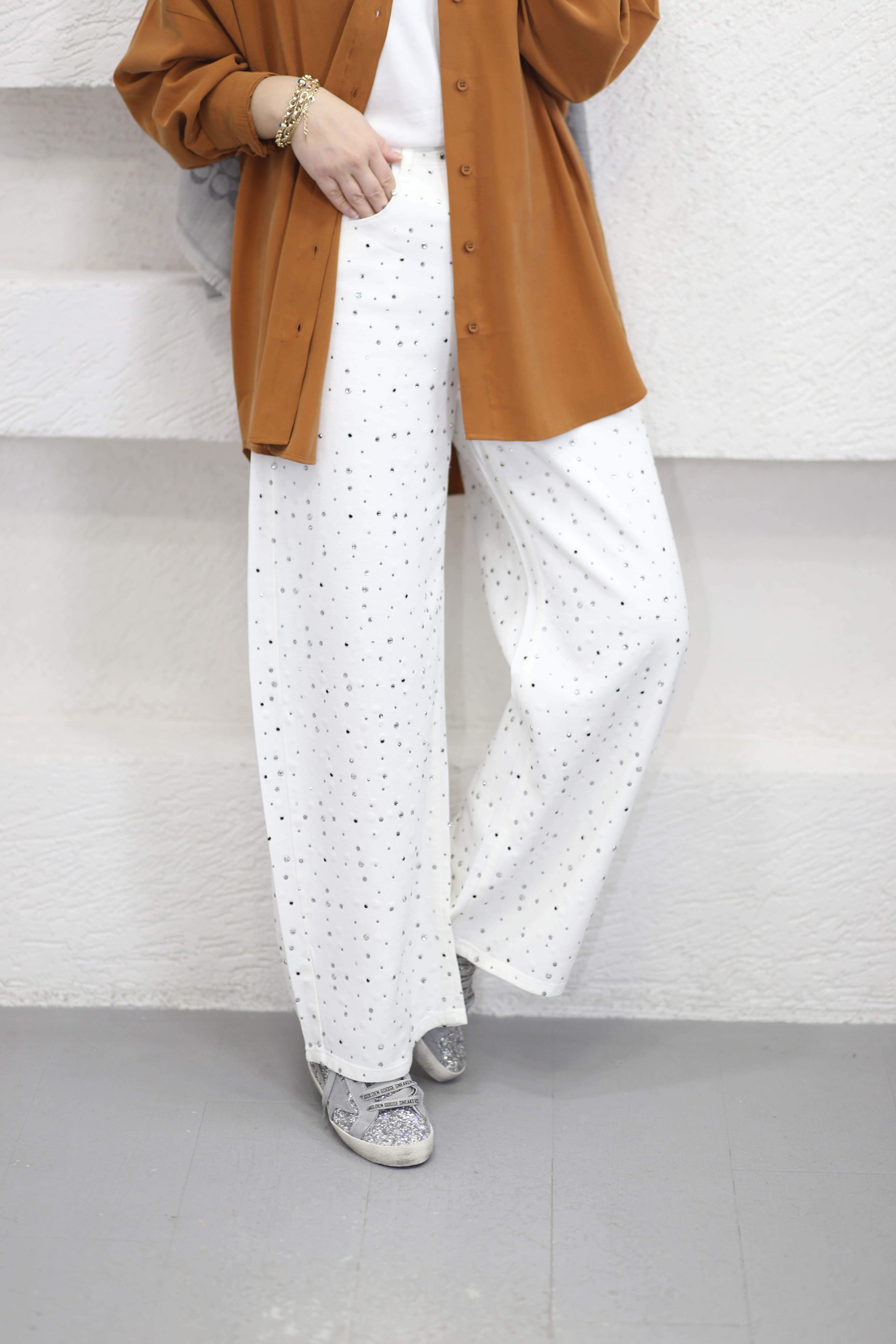 Zara Taşlı Pantolon Ekru 013