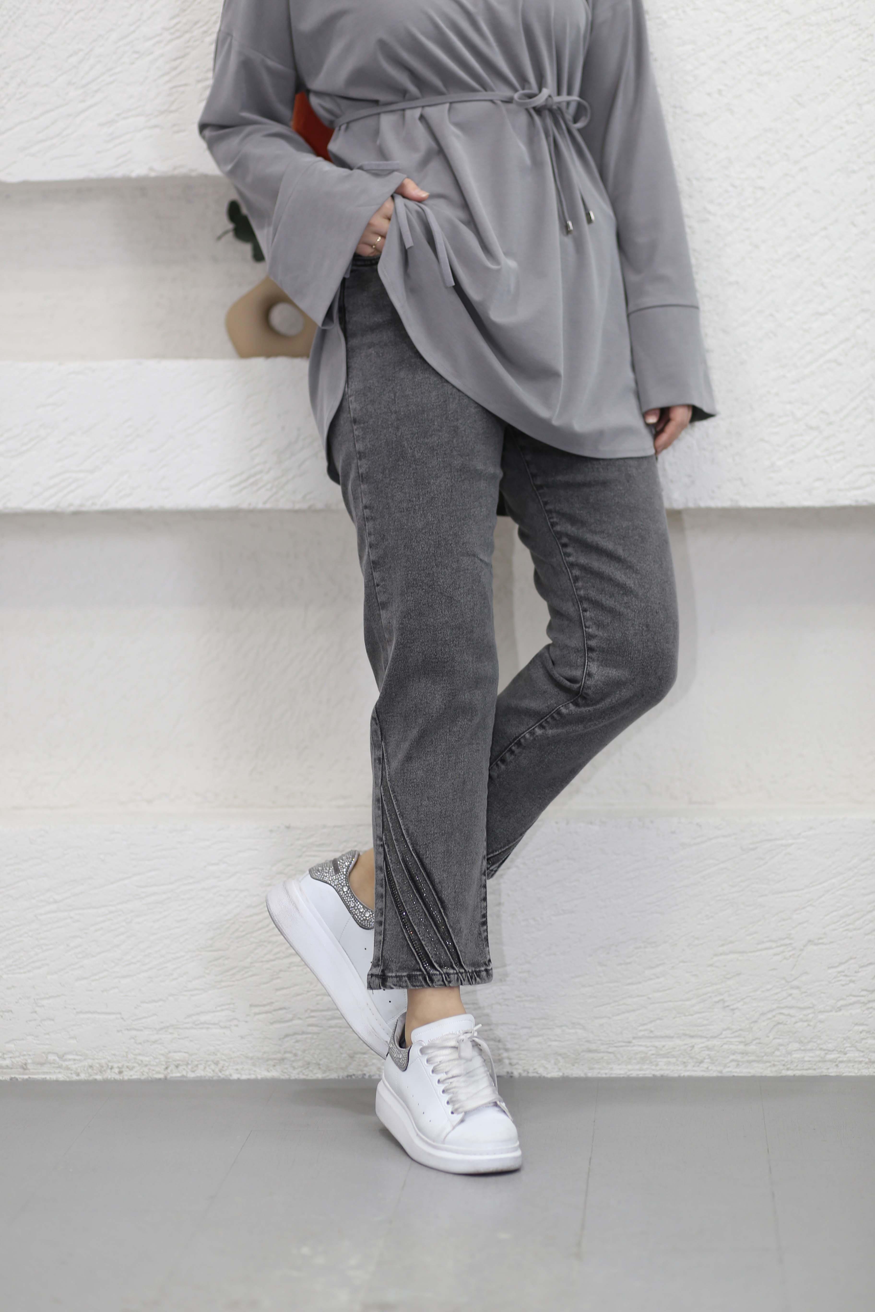 Taşlı Dar Paça Pantolon Antrasit 2801