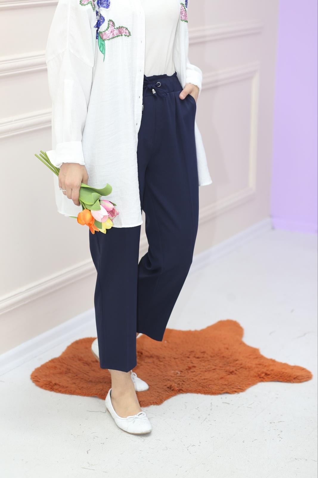 Beli Bağlamalı Krep Pantolon Lacivert 1314