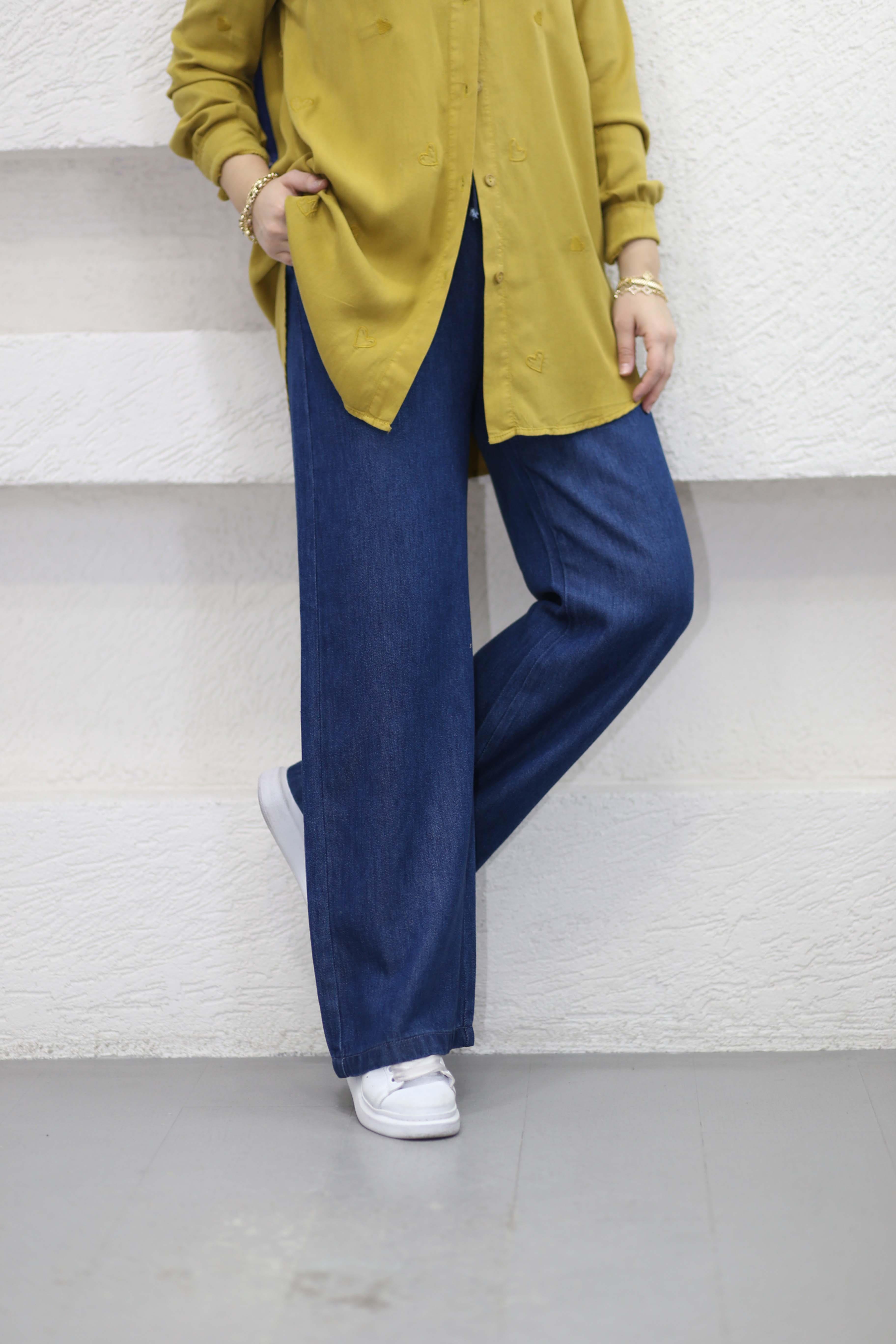 Beli Lastikli Bol Pantolon Koyu Mavi 2773