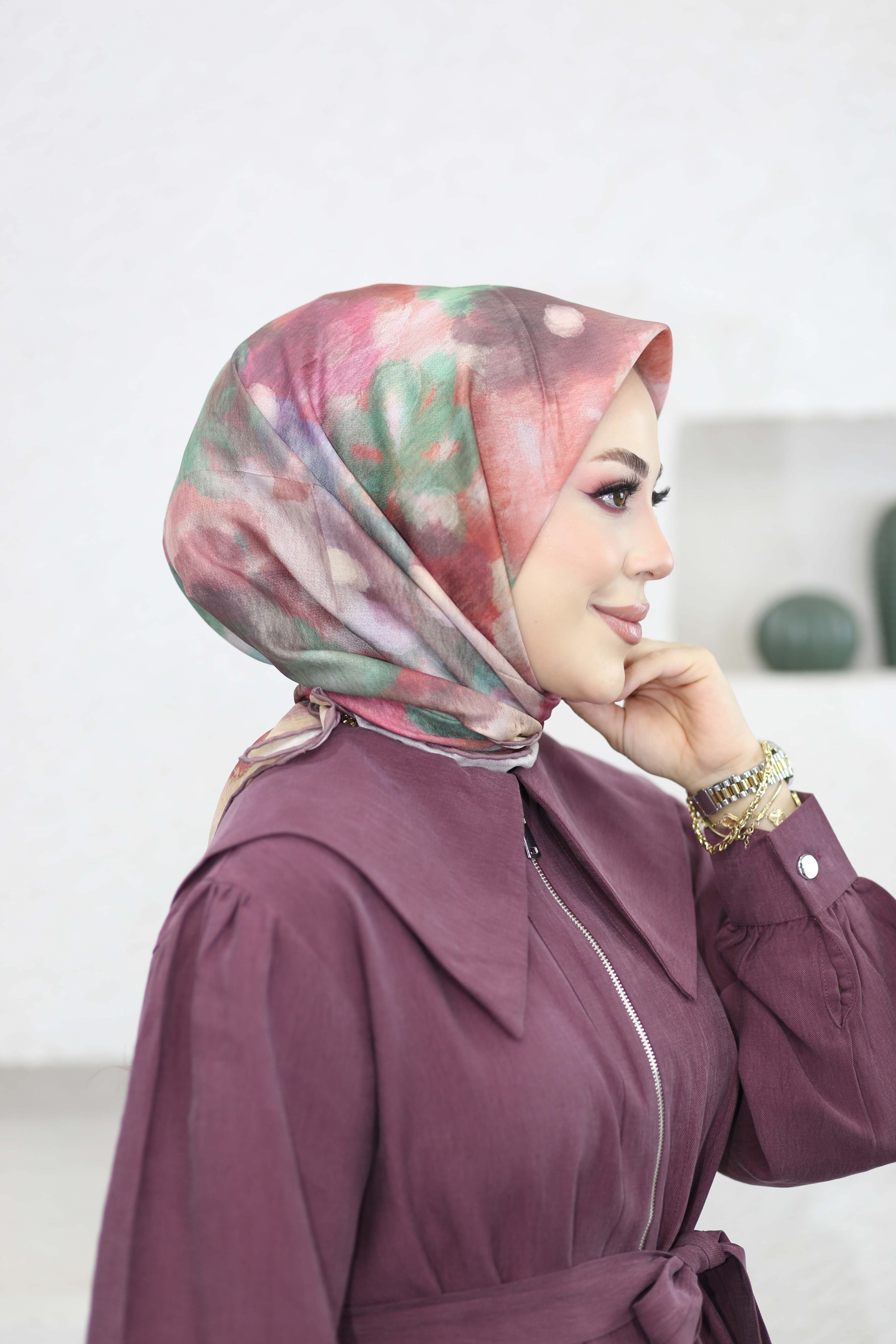 Çiçekli Ebruli Eşarp Pudra 8251