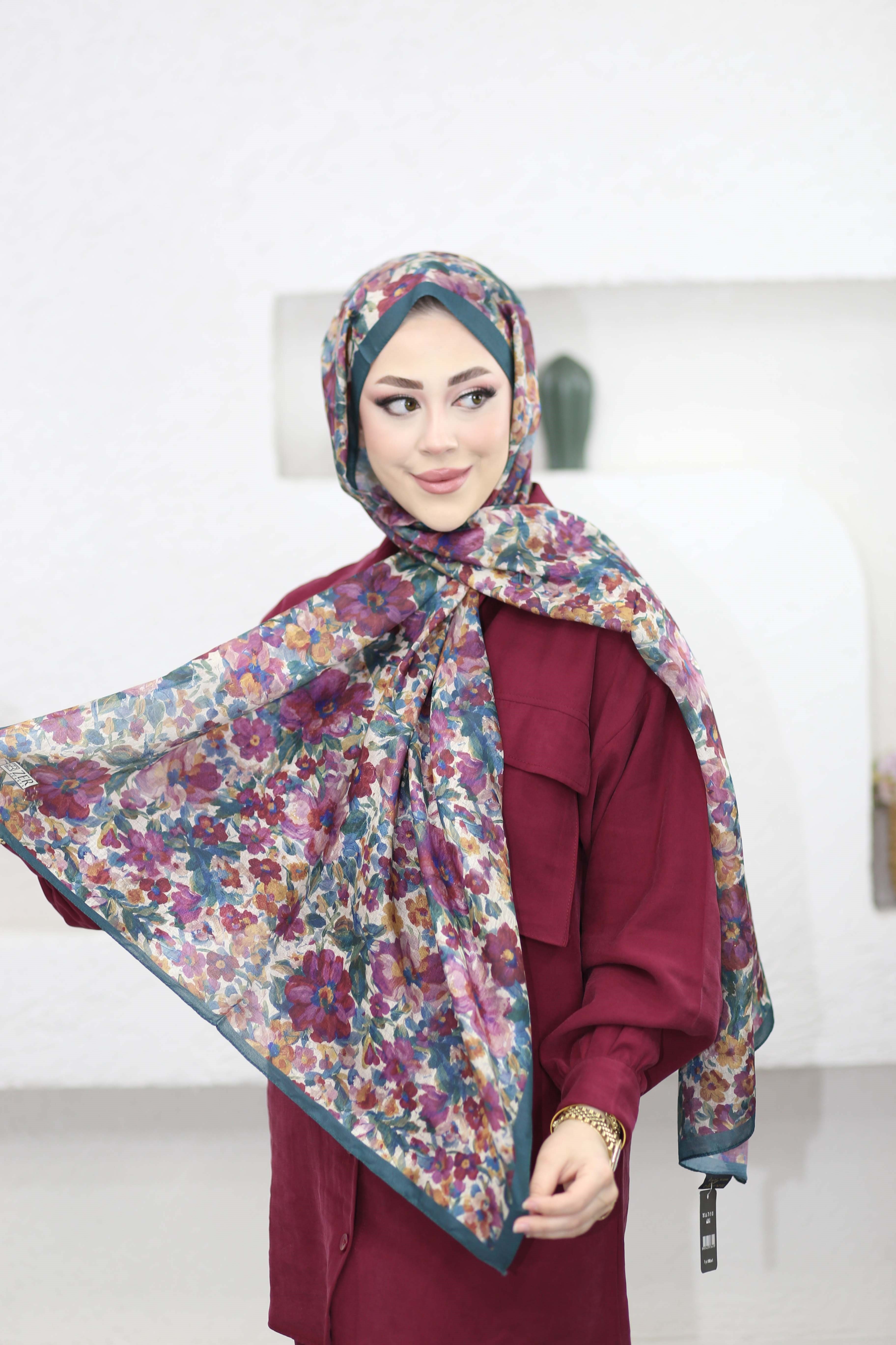 Karanfil Desen Şal Petrol Yeşili 5101