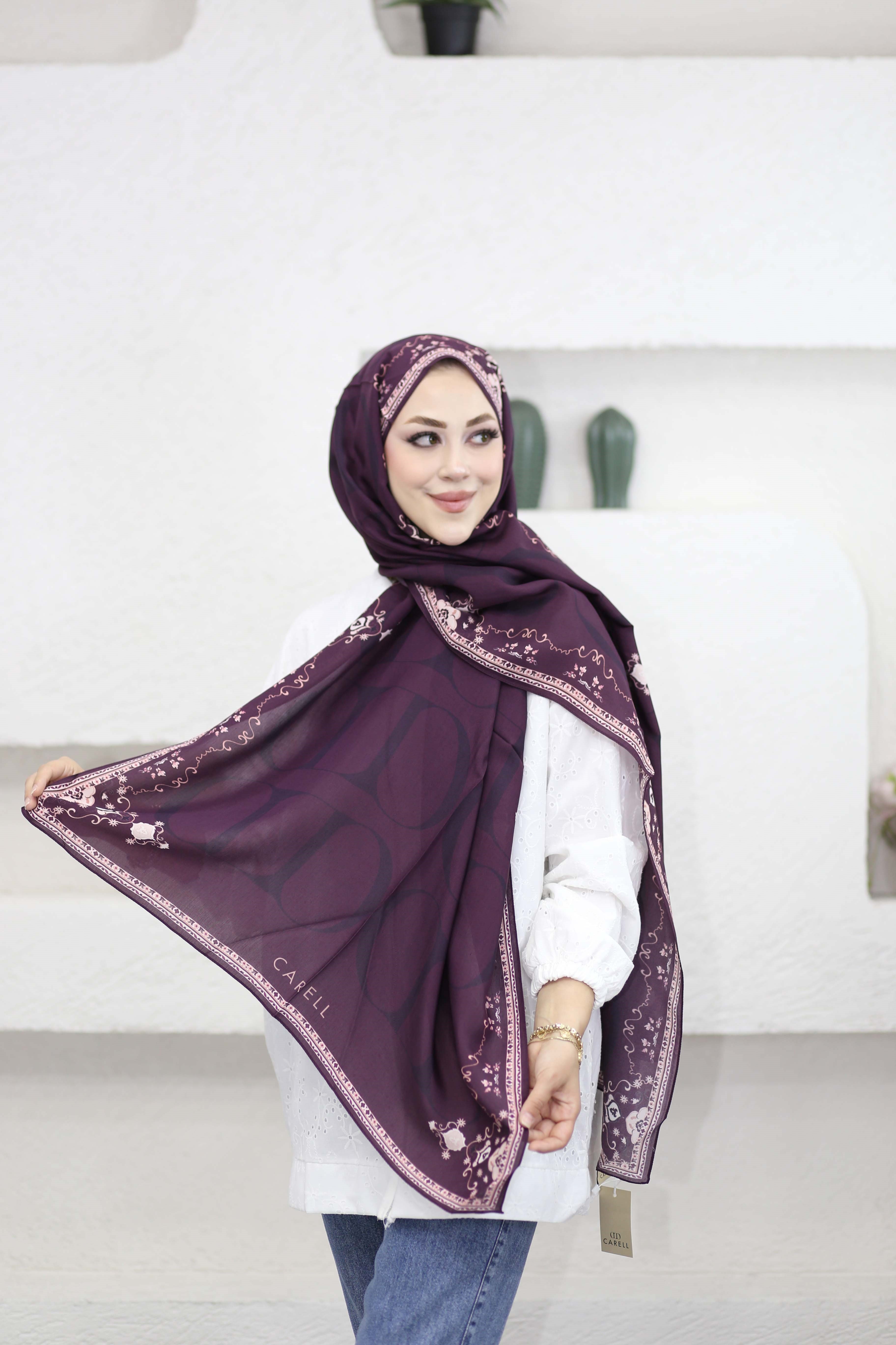 Luxe Monogram Çiçekli  Floş Şal Mürdüm 7156