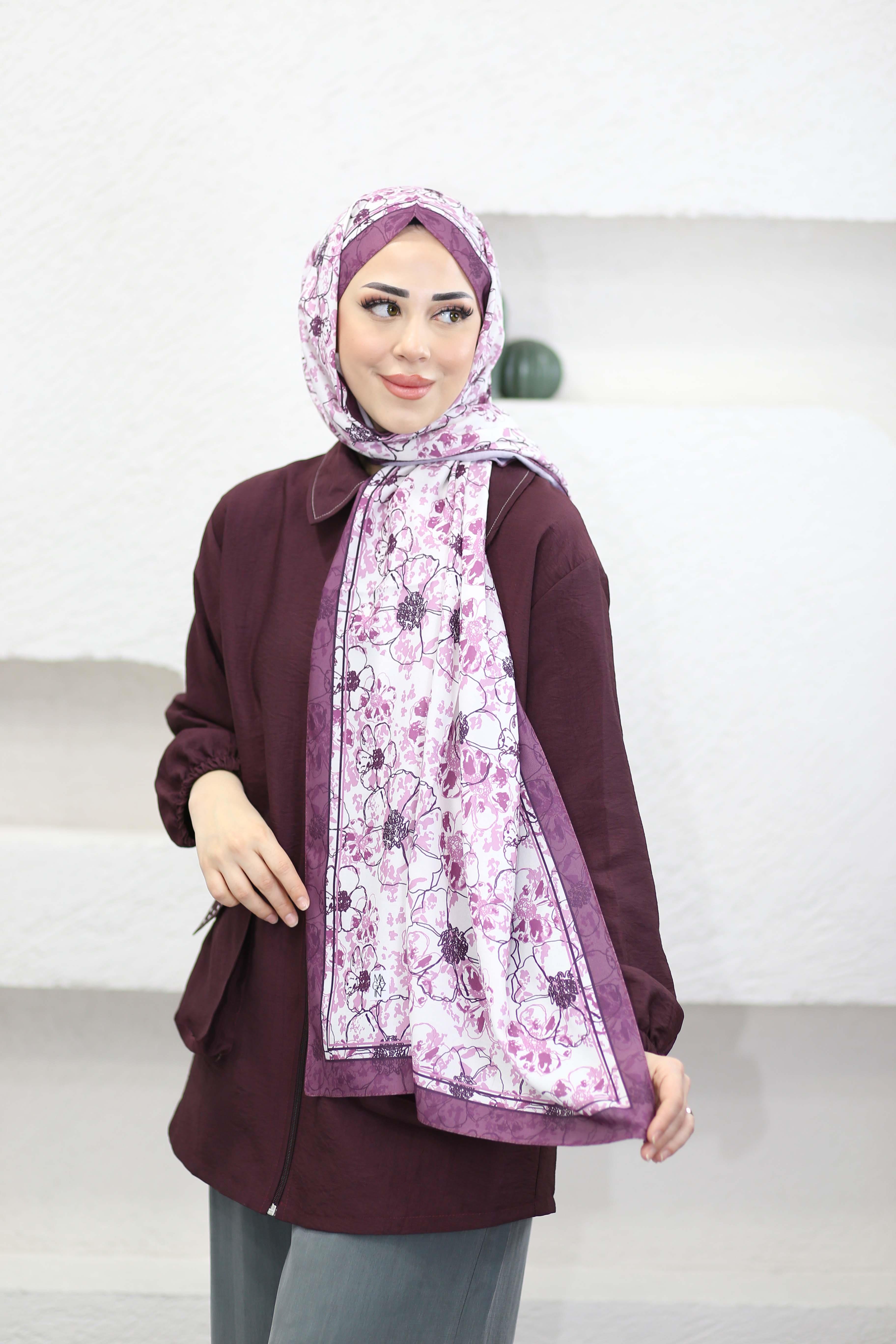 Çiçek Desenli Şal Mor 5005