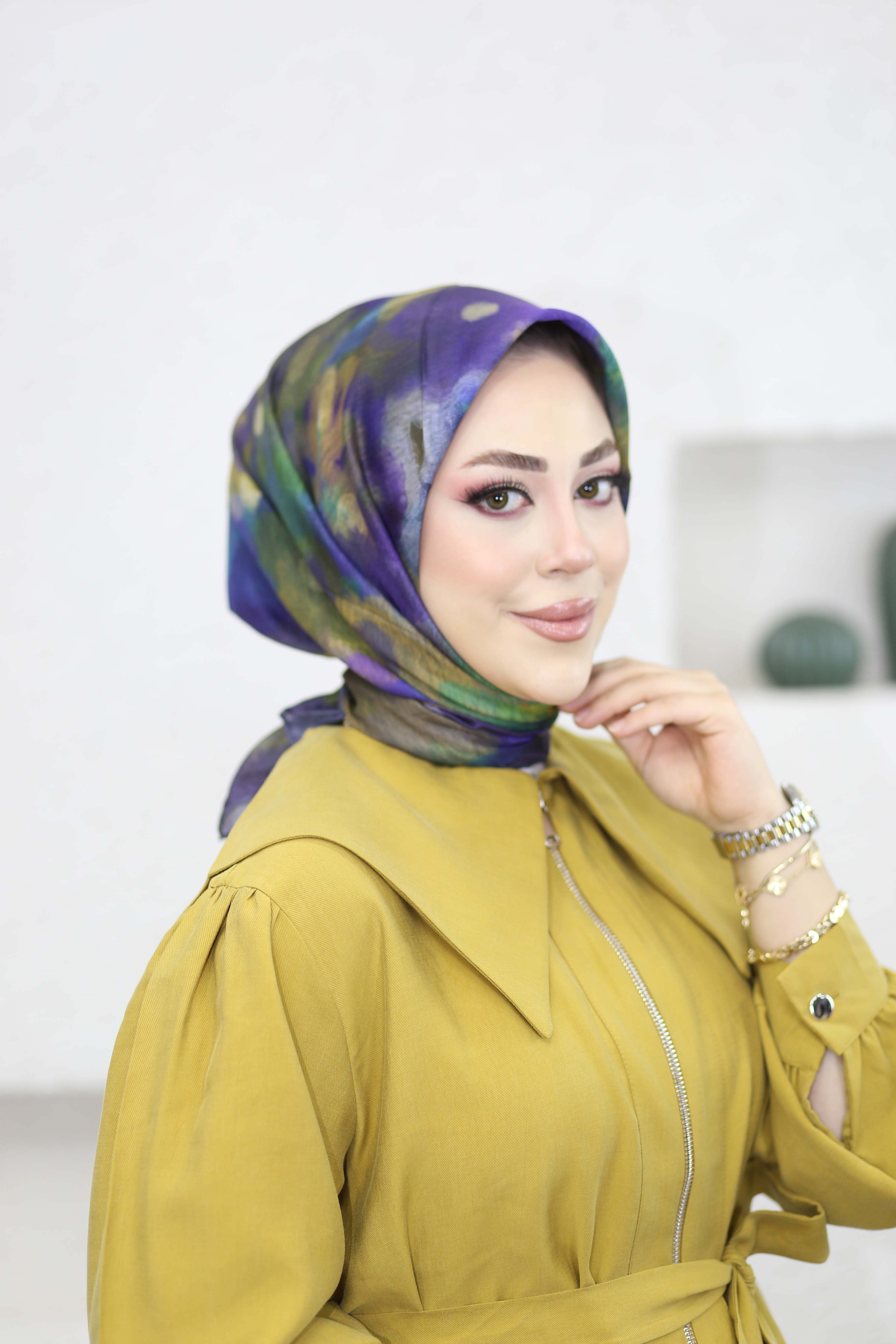 Çiçekli Ebruli Eşarp Mor 8251