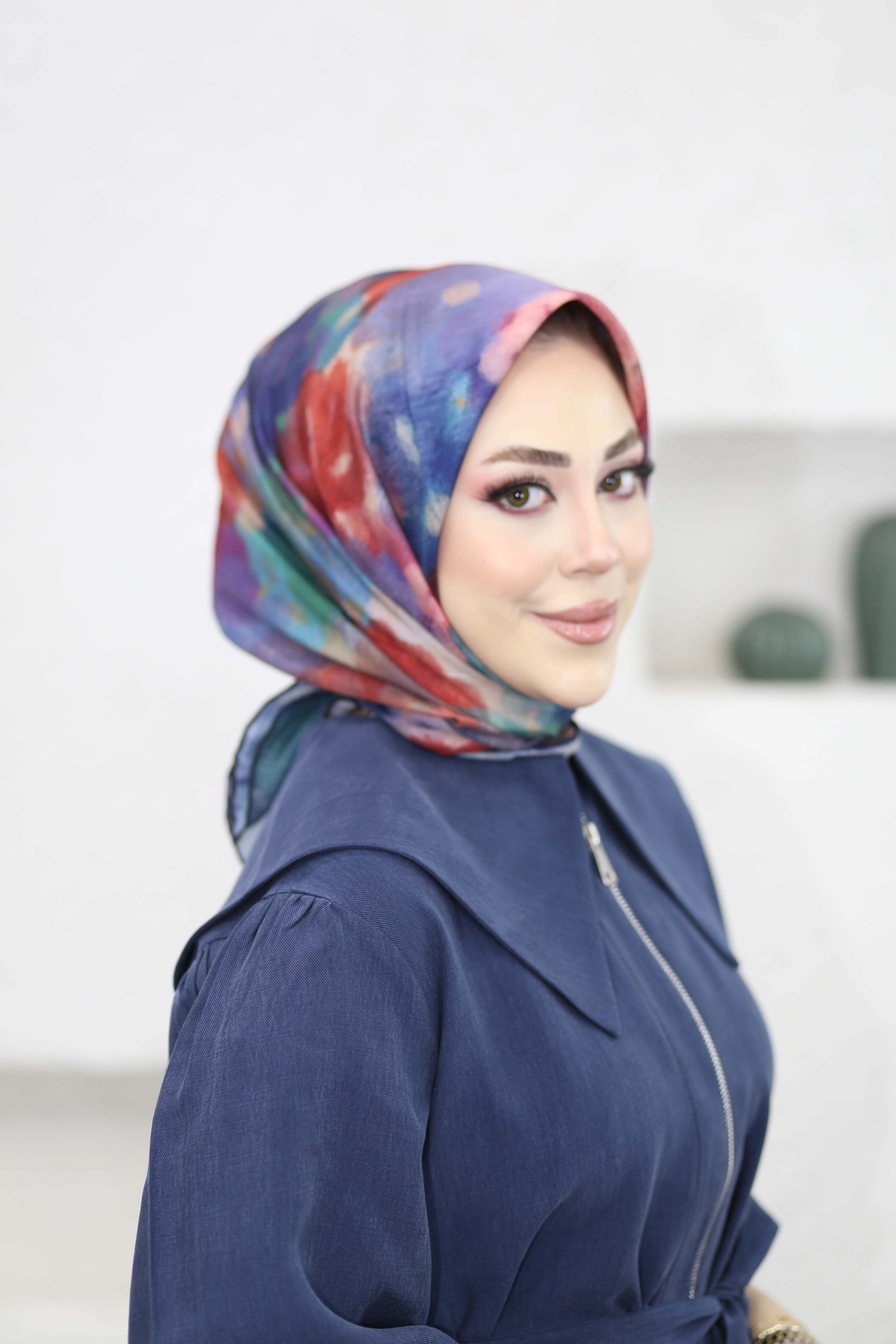 Çiçekli Ebruli Eşarp Lacivert 8251