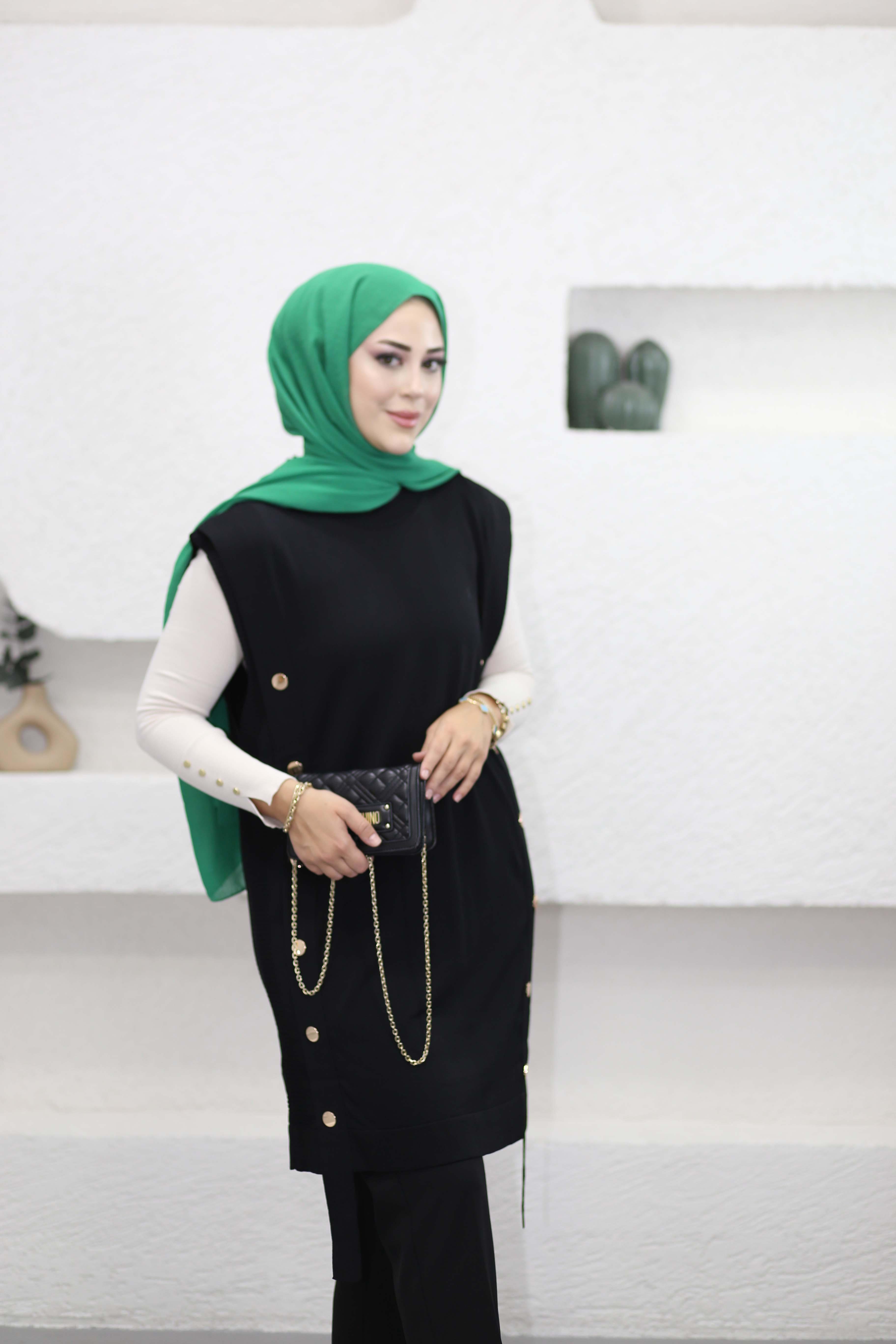 Çıtçıtlı Uzun Süveter Siyah 140371