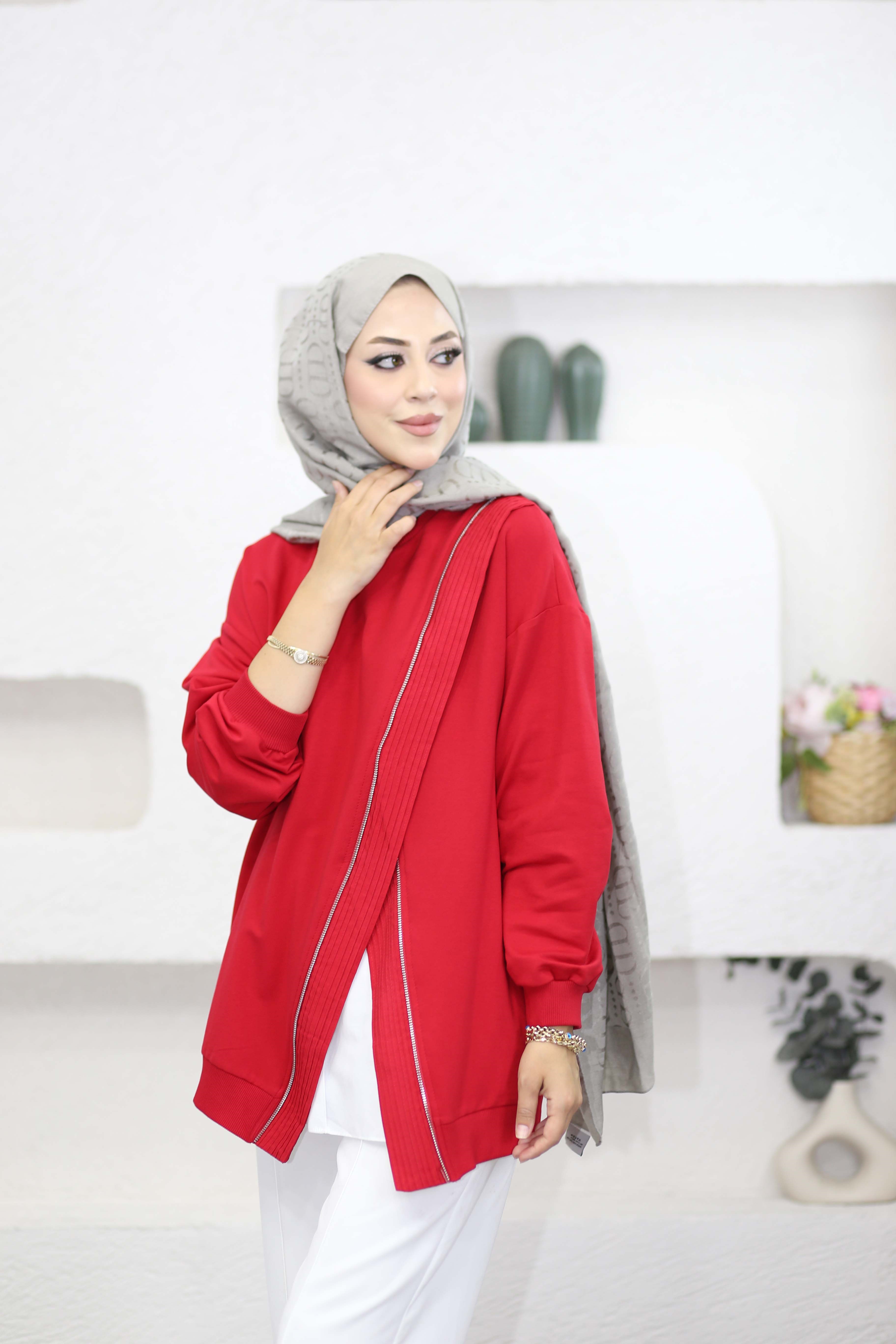 Çapraz Fermuarlı Sweat Kırmızı 10771