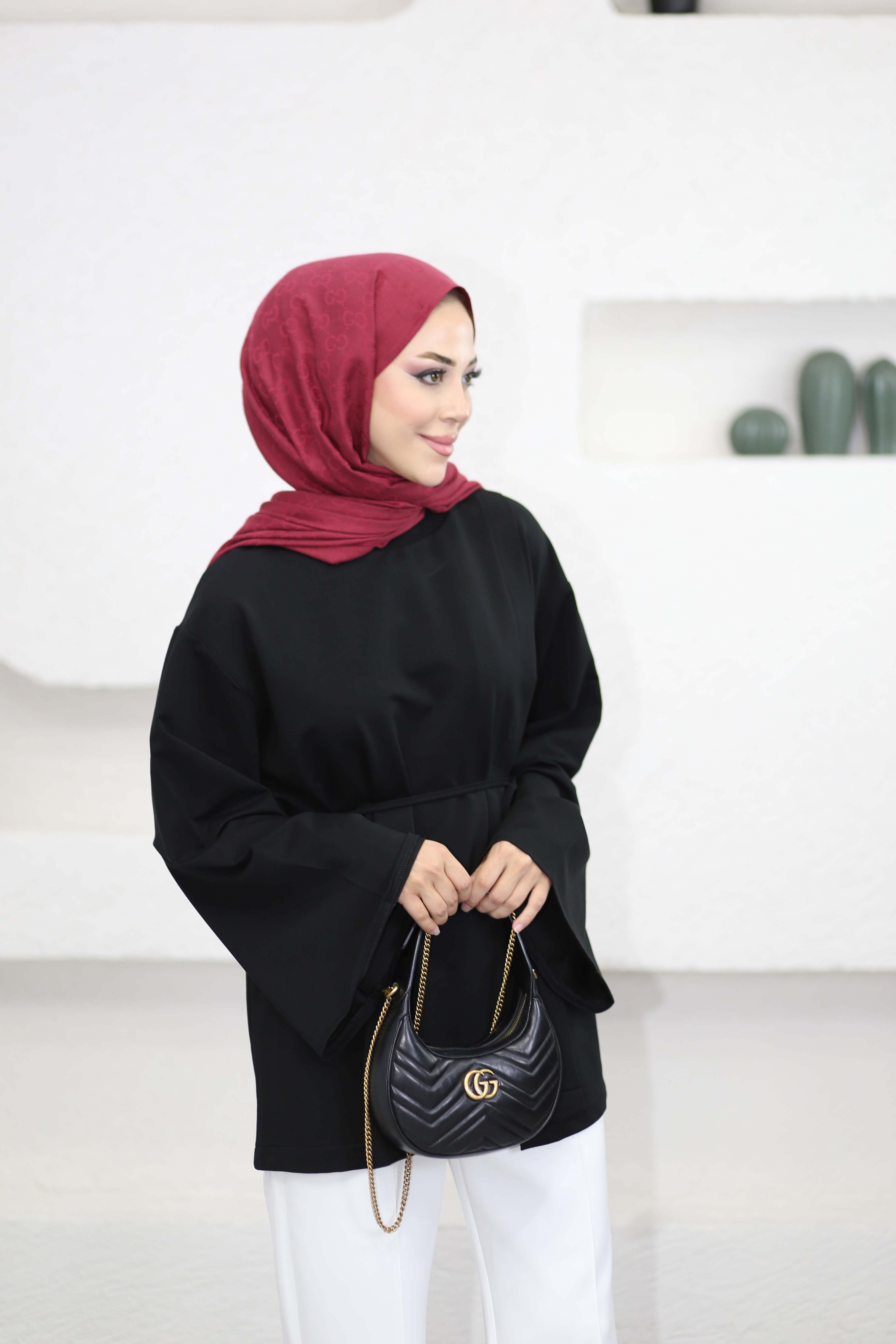 Asimetrik Kesim Bel Bağlamalı Tunik Siyah 3550