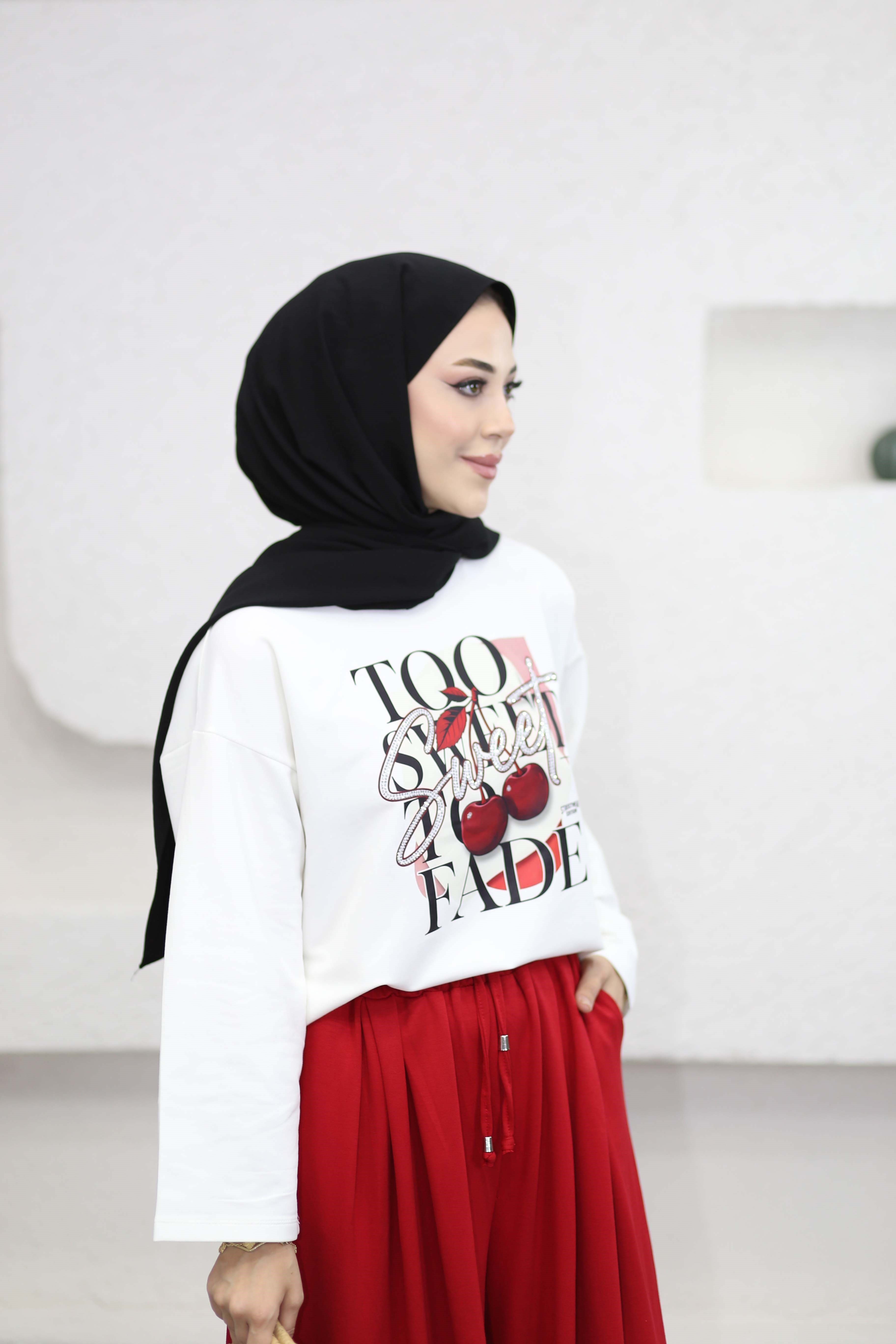 Oversize Baskılı Tişört Bordo 2792