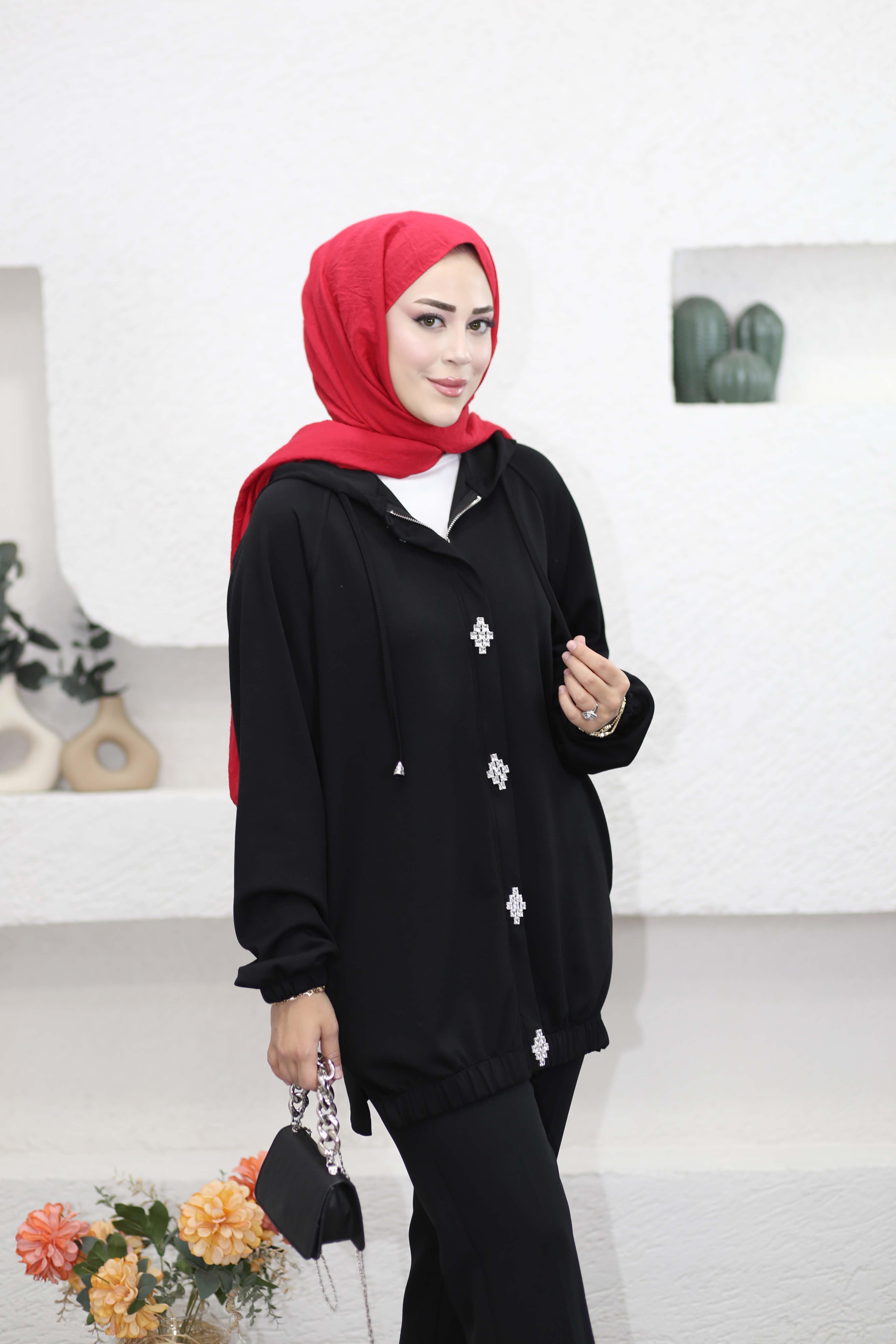 Kristal Dokunuş Kapşonlu Sweat Siyah 250305